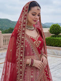 Gorgeous Red Multi-Thread Work Silk Bridal Lehenga Choli With Double Dupatta