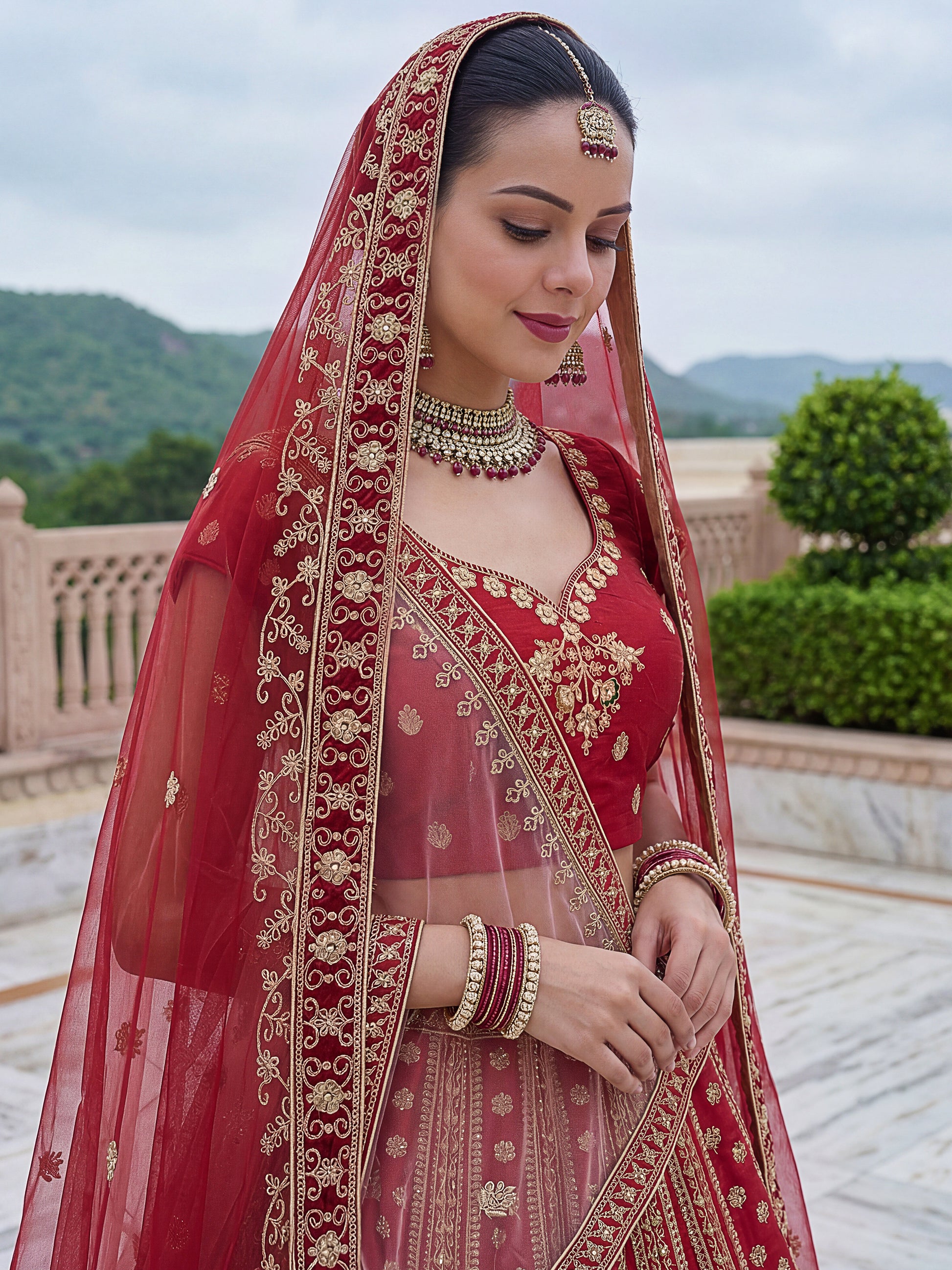 Gorgeous Red Multi-Thread Work Silk Bridal Lehenga Choli With Double Dupatta