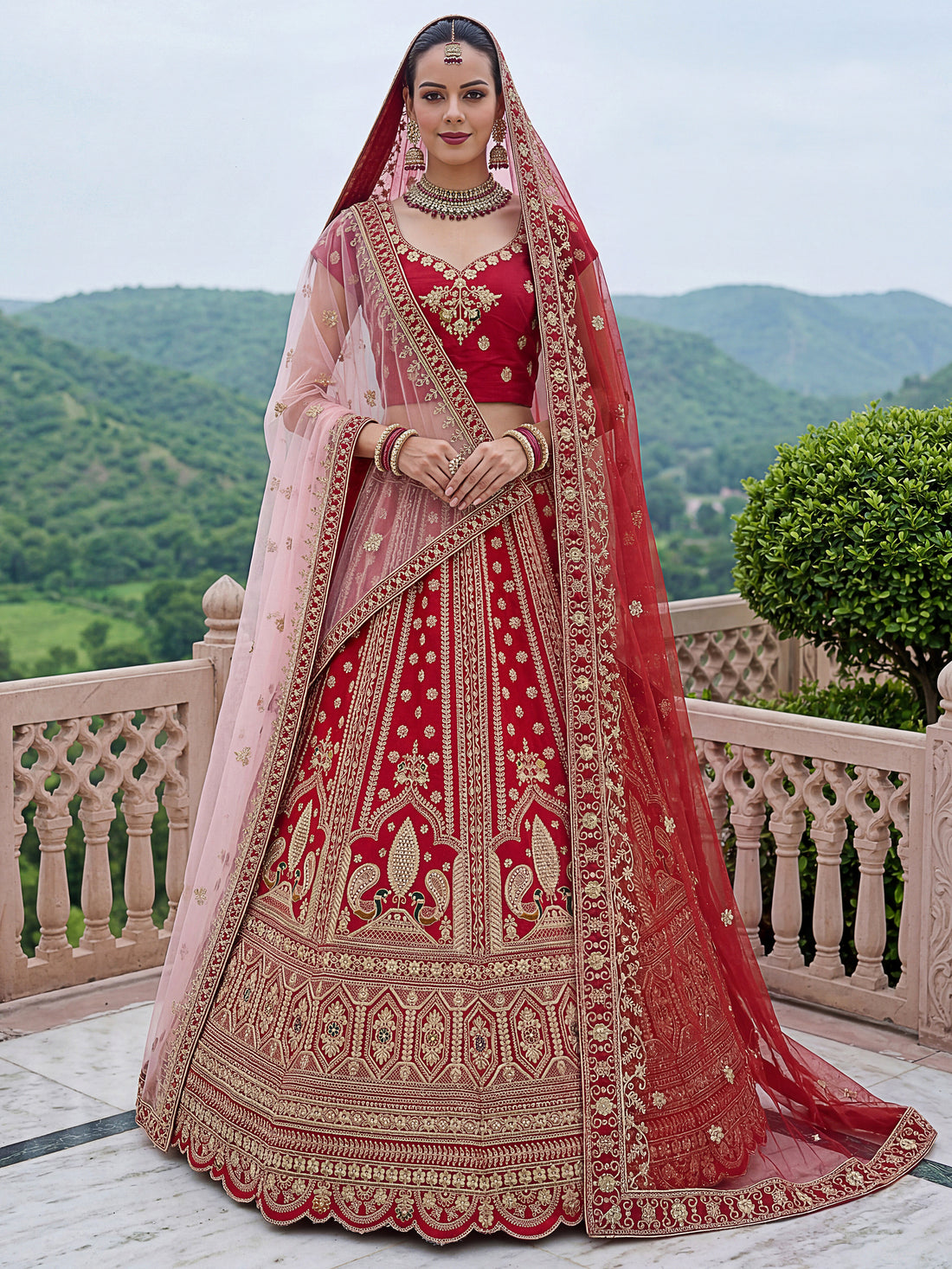 Gorgeous Red Multi-Thread Work Silk Bridal Lehenga Choli With Double Dupatta