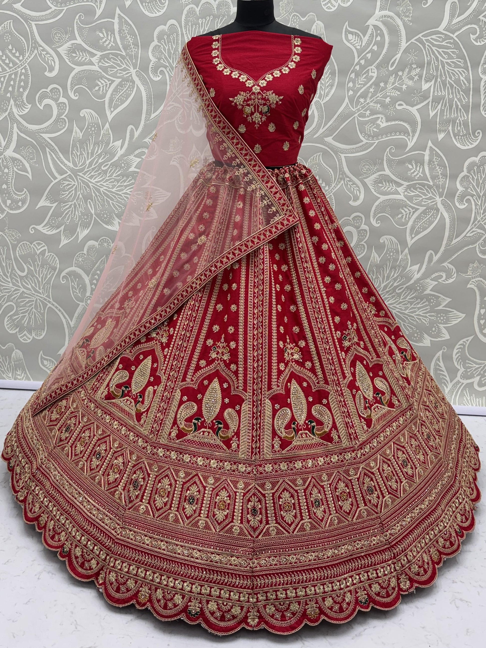 Gorgeous Red Multi-Thread Work Silk Bridal Lehenga Choli With Double Dupatta