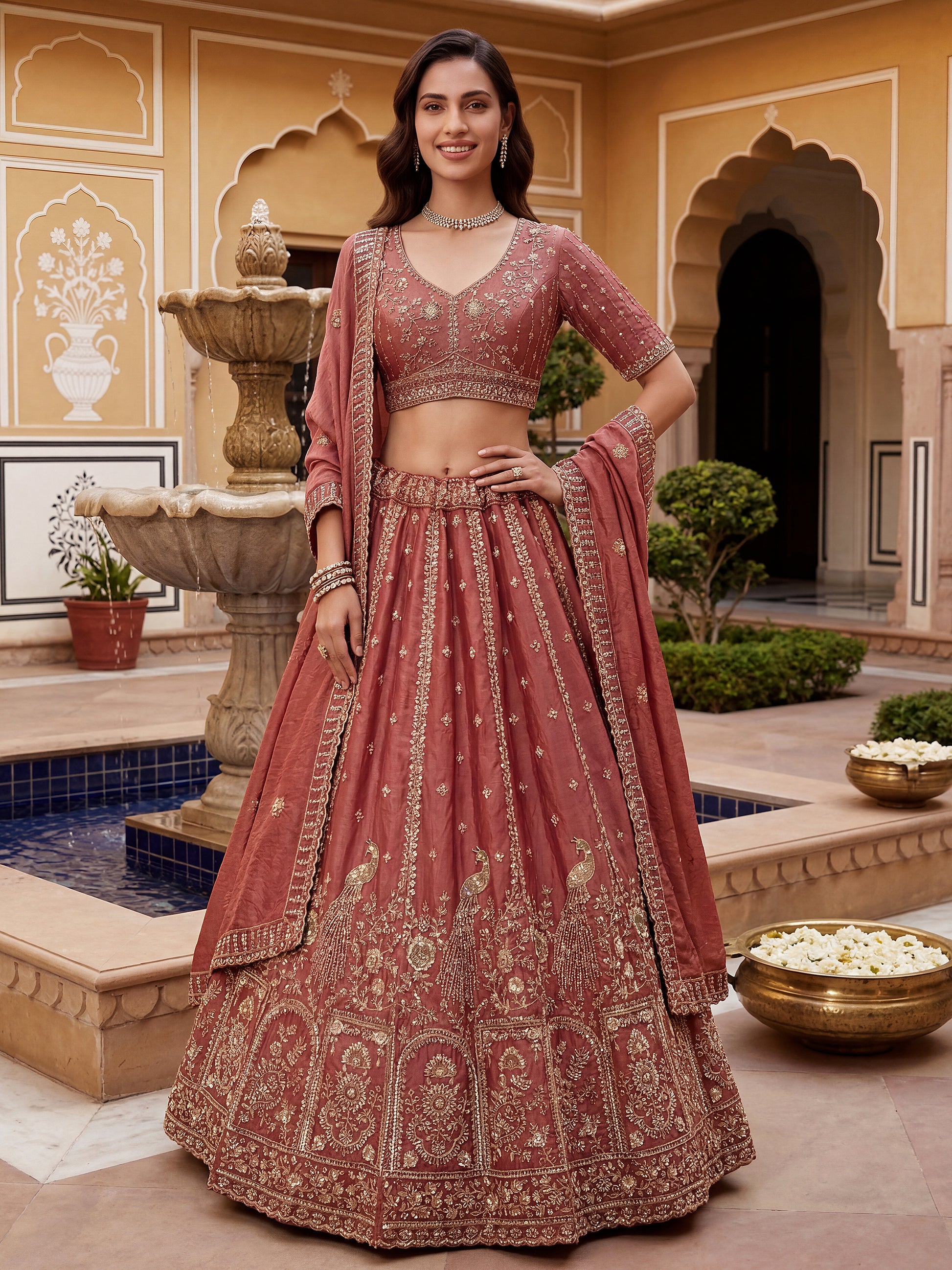 Awesome Dusty Pink Zari Embroidered Silk Bridesmaid Lehenga Choli