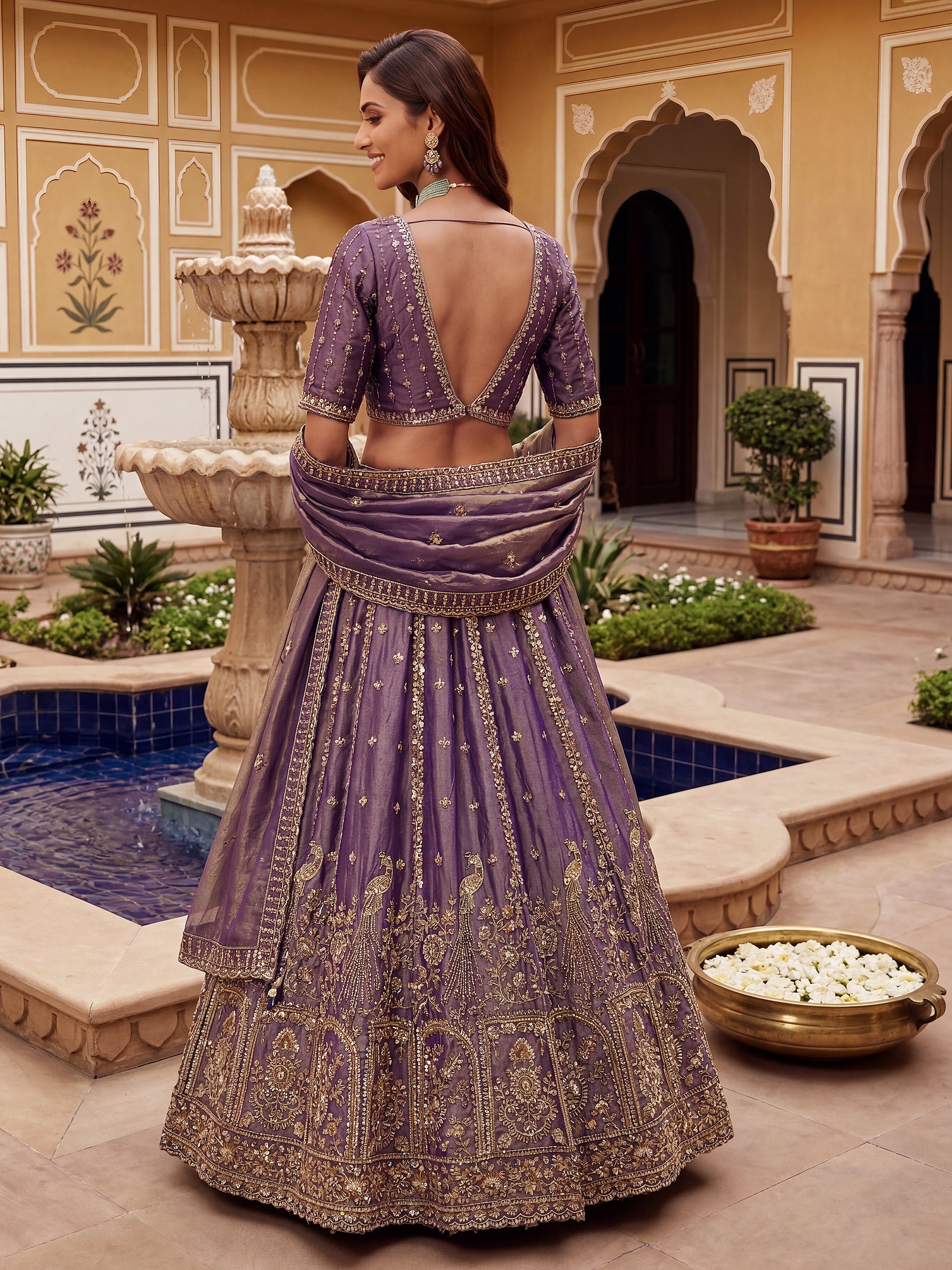Elegant Lilac Hand Work Silk Reception Wear Lehenga Choli With Dupatta