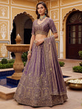 Elegant Lilac Hand Work Silk Reception Wear Lehenga Choli With Dupatta