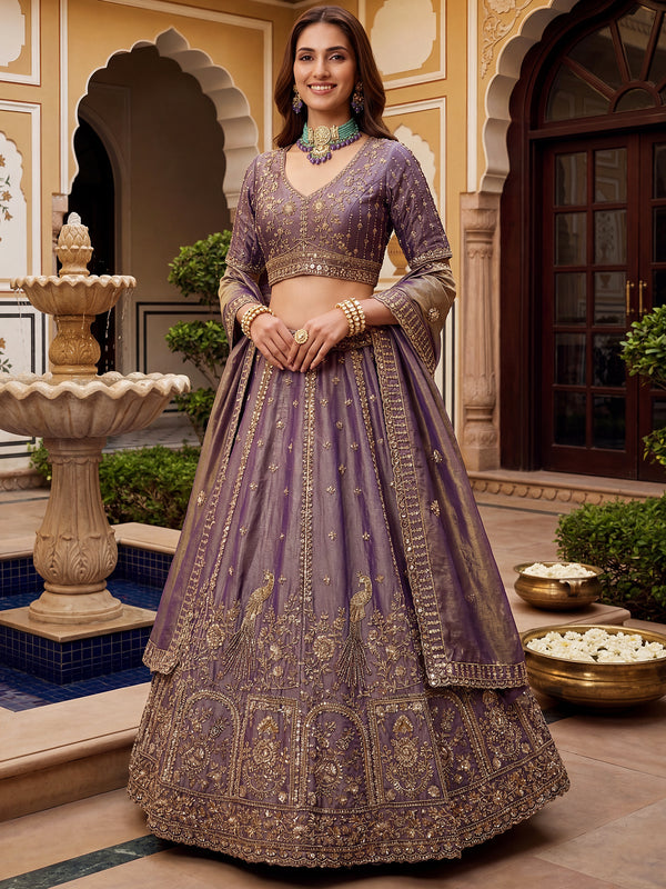 Elegant Lilac Hand Work Silk Reception Wear Lehenga Choli With Dupatta