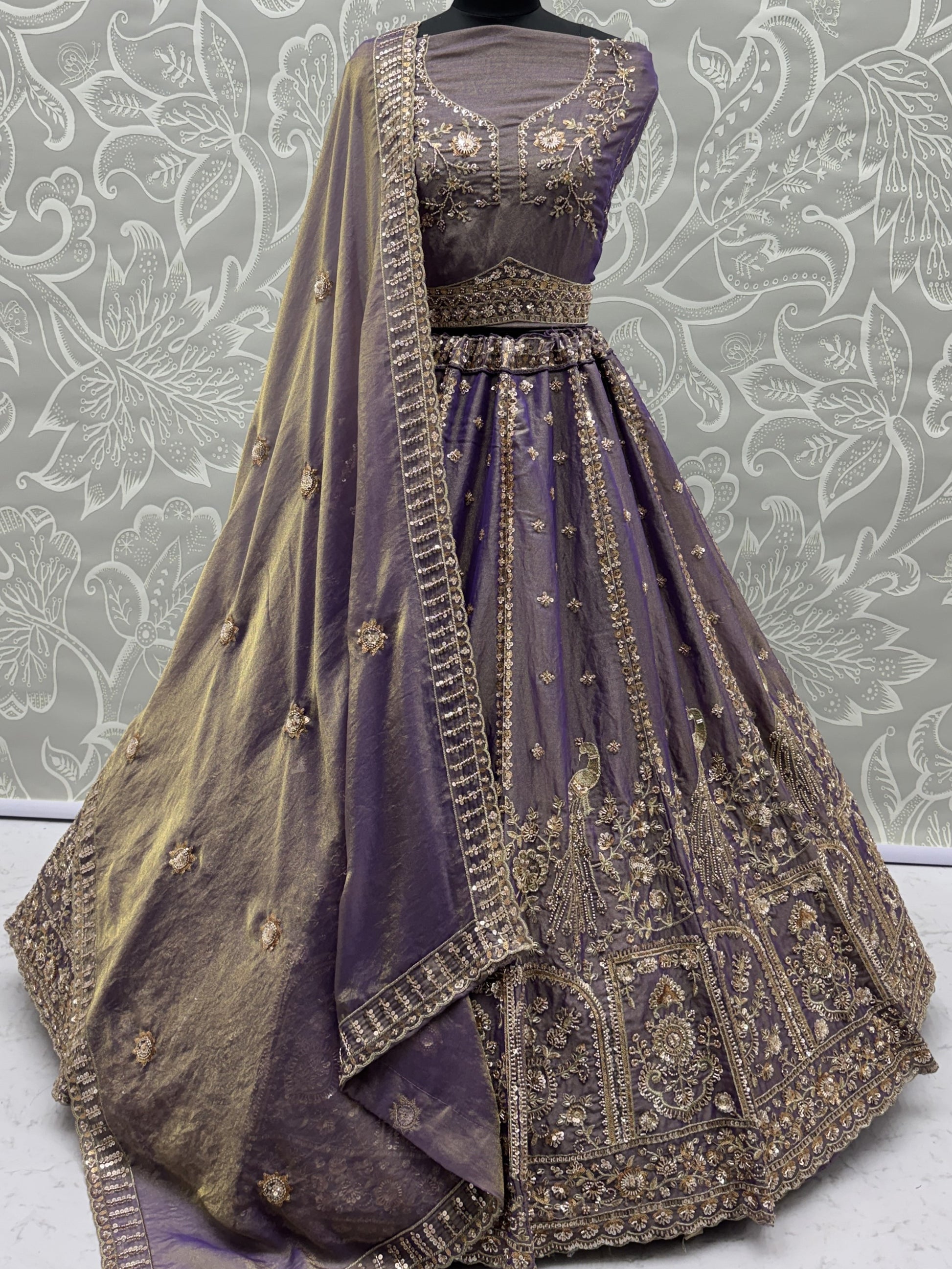 Elegant Lilac Hand Work Silk Reception Wear Lehenga Choli With Dupatta