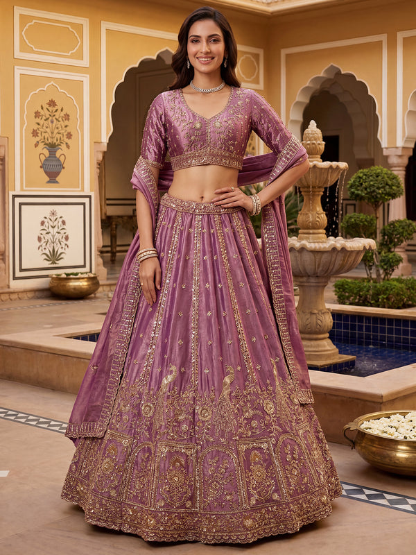 Tantalizing Purple Zari Embroidered Silk Engagement Wear Lehenga Choli