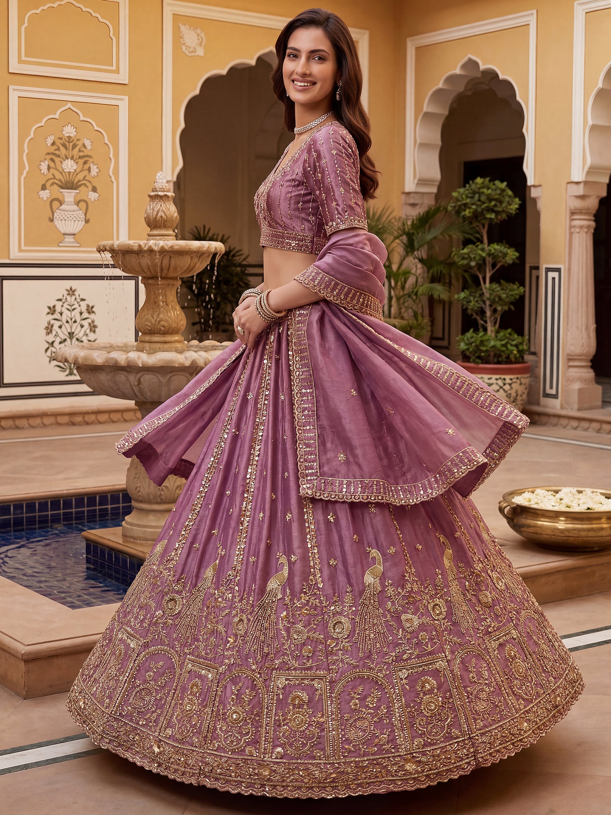 Tantalizing Purple Zari Embroidered Silk Engagement Wear Lehenga Choli