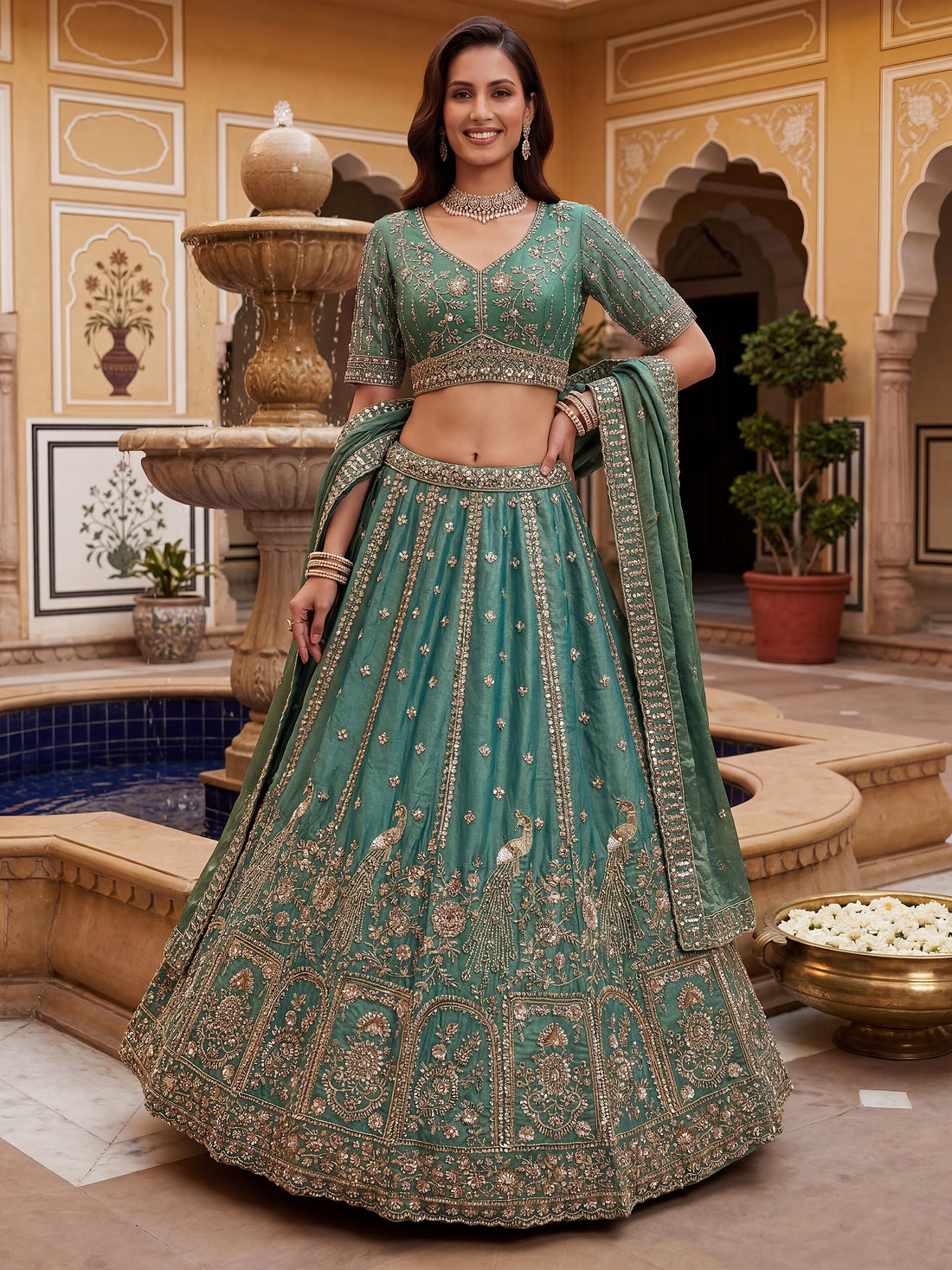 Marvelous Sky-Blue Zari Embroidered Silk Designer Lehenga Choli With Dupatta