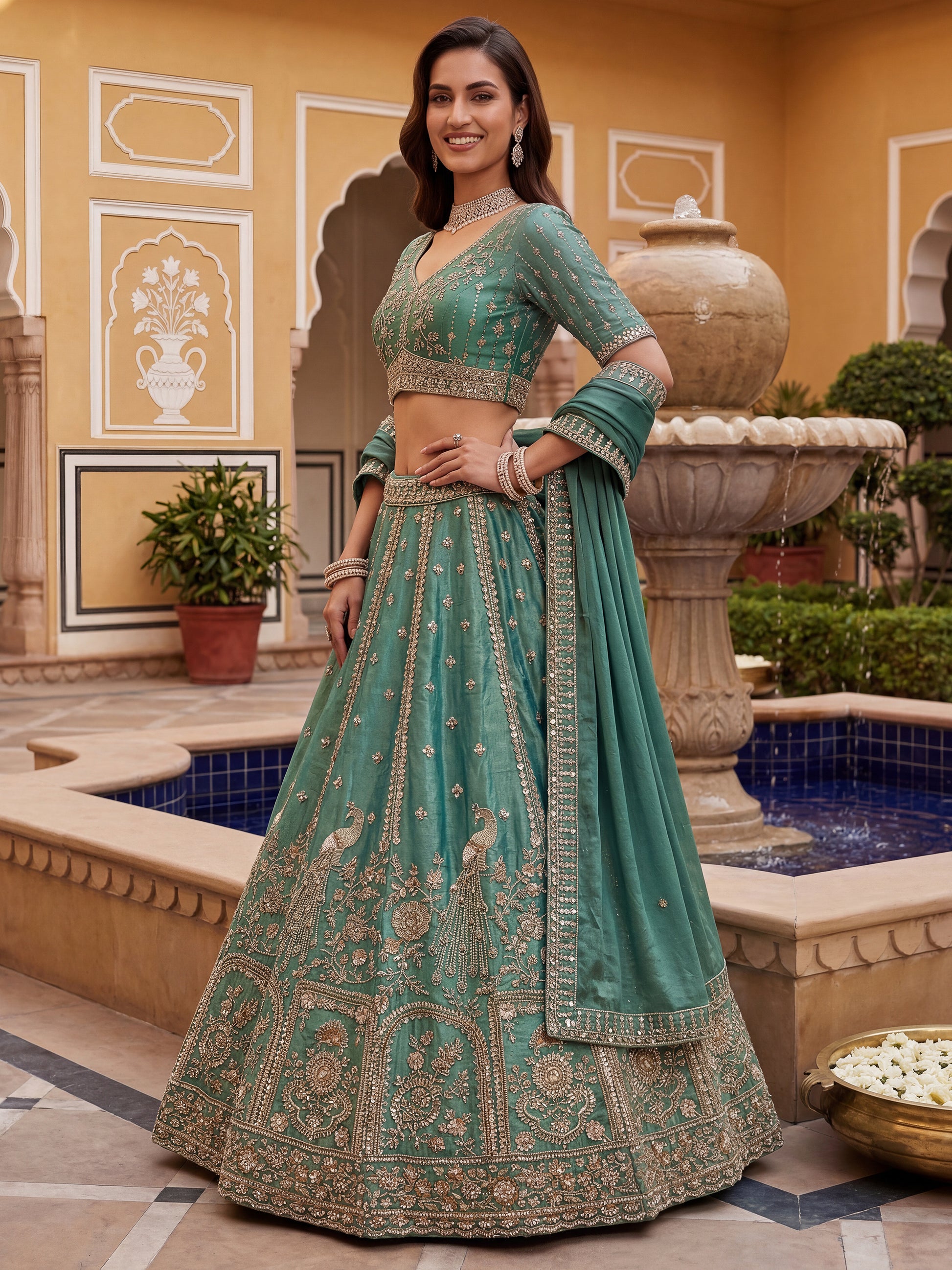 Marvelous Sky-Blue Zari Embroidered Silk Designer Lehenga Choli With Dupatta