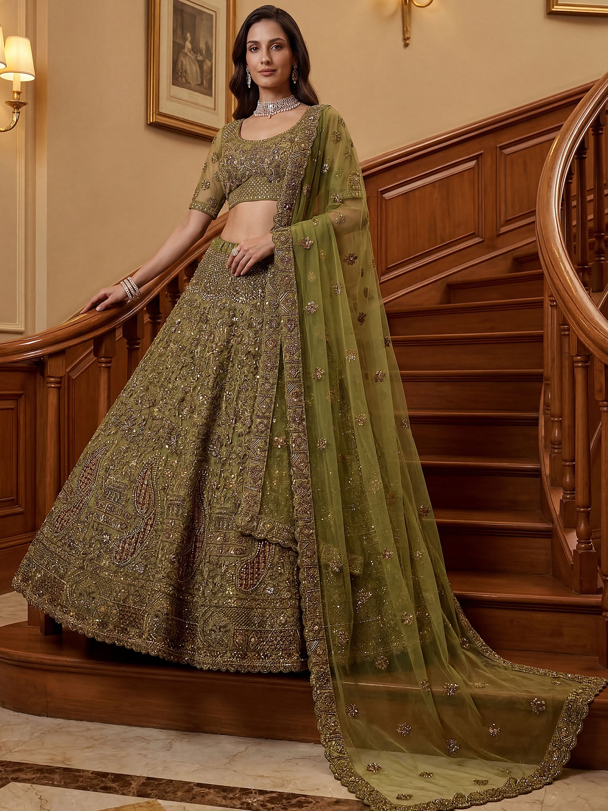 Tantalizing Olive Green Thread Embroidered Net Bridesmaid Lehenga Choli