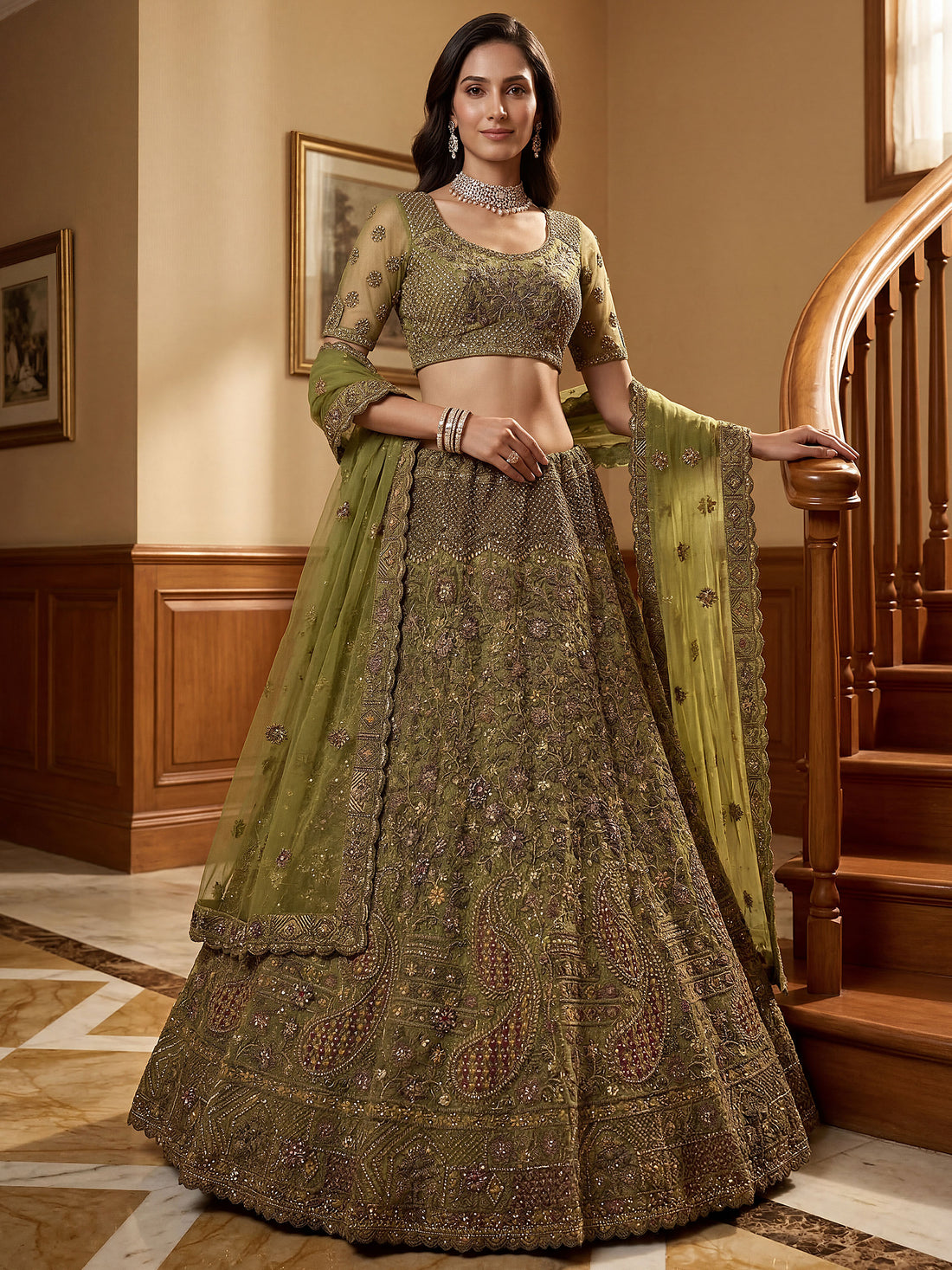 Tantalizing Olive Green Thread Embroidered Net Bridesmaid Lehenga Choli