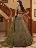 Tantalizing Olive Green Thread Embroidered Net Bridesmaid Lehenga Choli