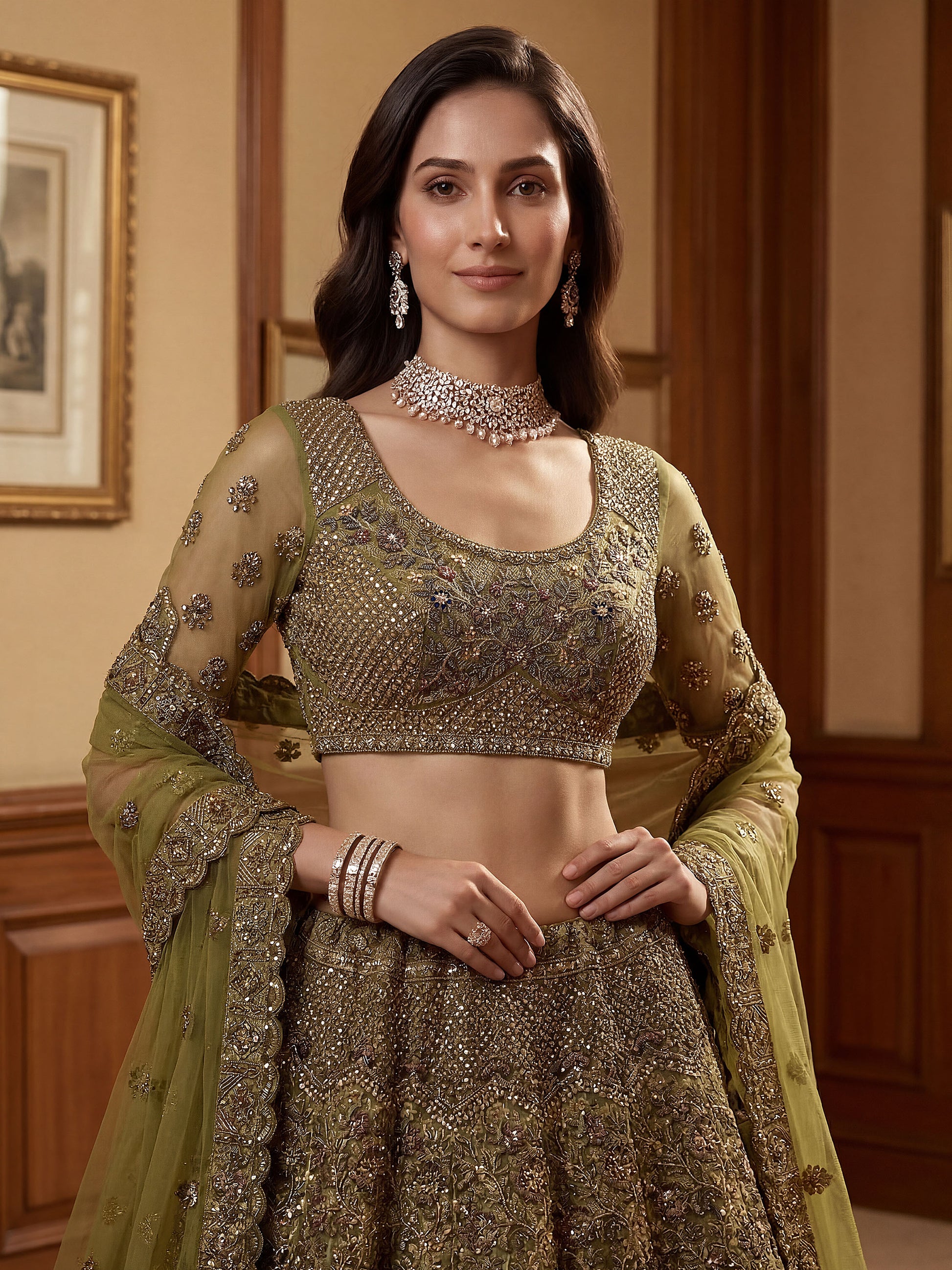 Tantalizing Olive Green Thread Embroidered Net Bridesmaid Lehenga Choli