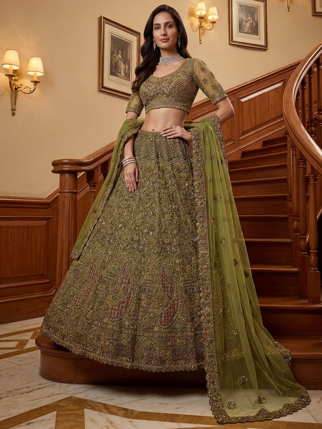 Tantalizing Olive Green Thread Embroidered Net Bridesmaid Lehenga Choli