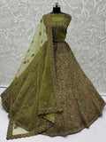 Tantalizing Olive Green Thread Embroidered Net Bridesmaid Lehenga Choli