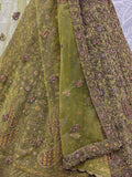 Tantalizing Olive Green Thread Embroidered Net Bridesmaid Lehenga Choli