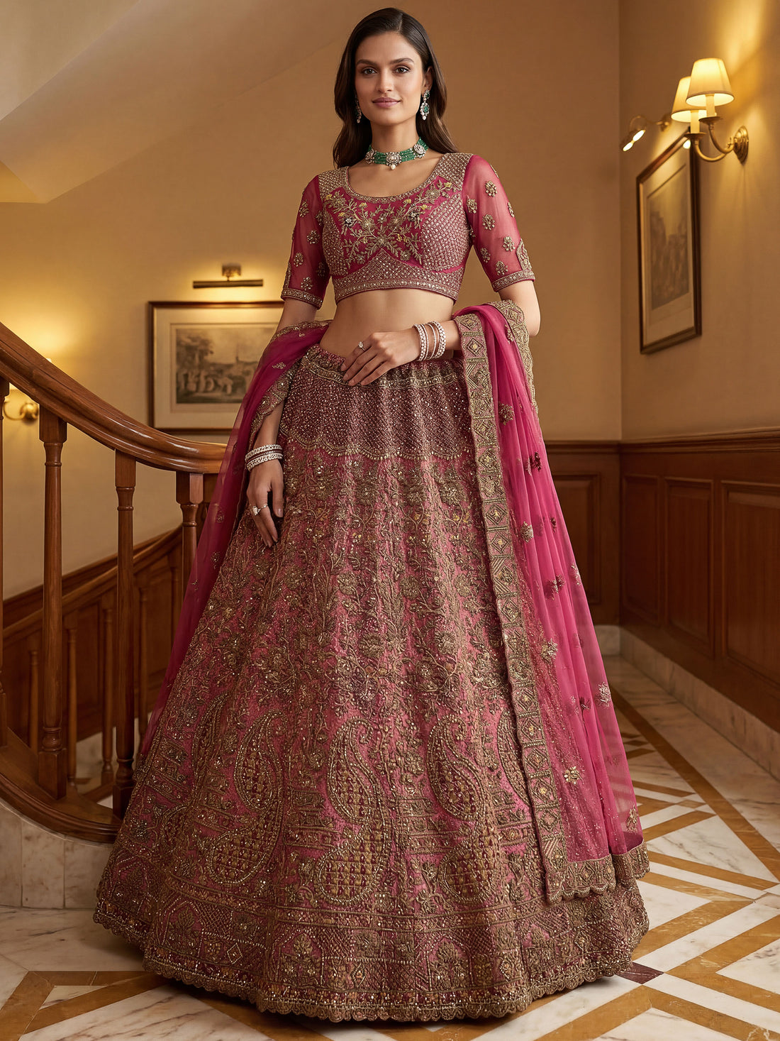 Elegant Pink Sequins Net Bridal Wear Lehenga Choli With Dupatta