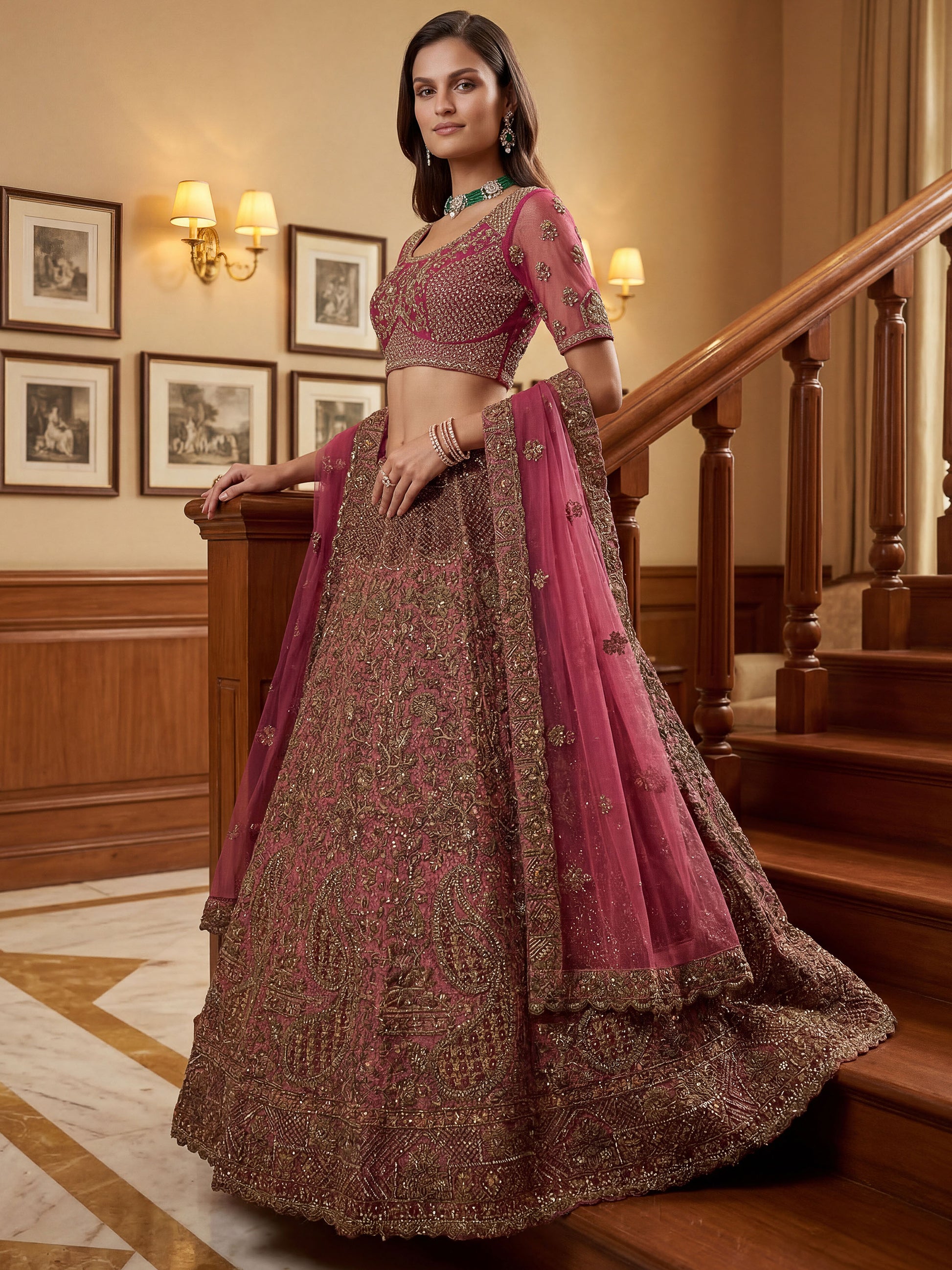 Elegant Pink Sequins Net Bridal Wear Lehenga Choli With Dupatta