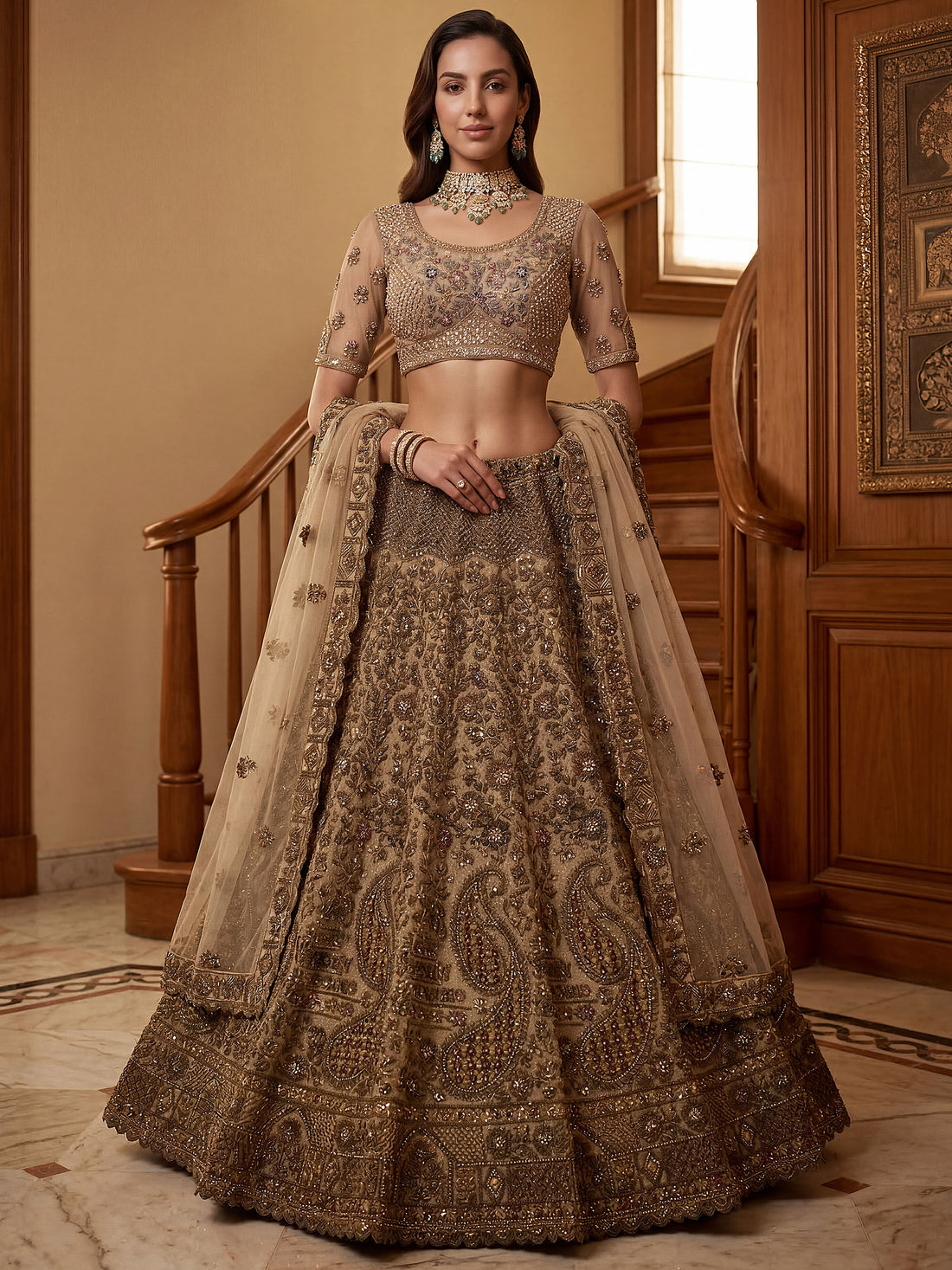 Adorable Beige Dori Work Net Engagement Wear Lehenga Choli With Dupatta
