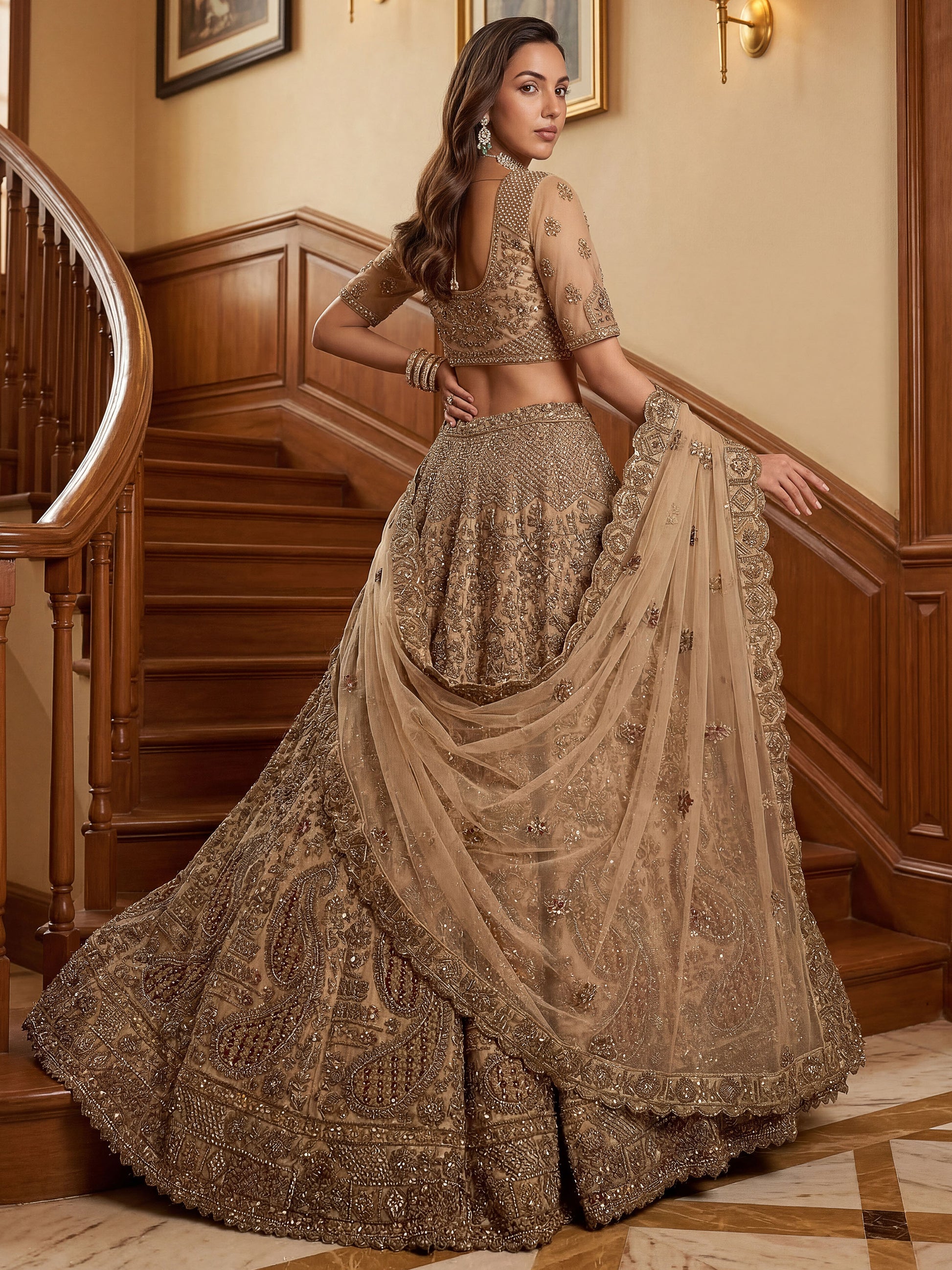 Adorable Beige Dori Work Net Engagement Wear Lehenga Choli With Dupatta
