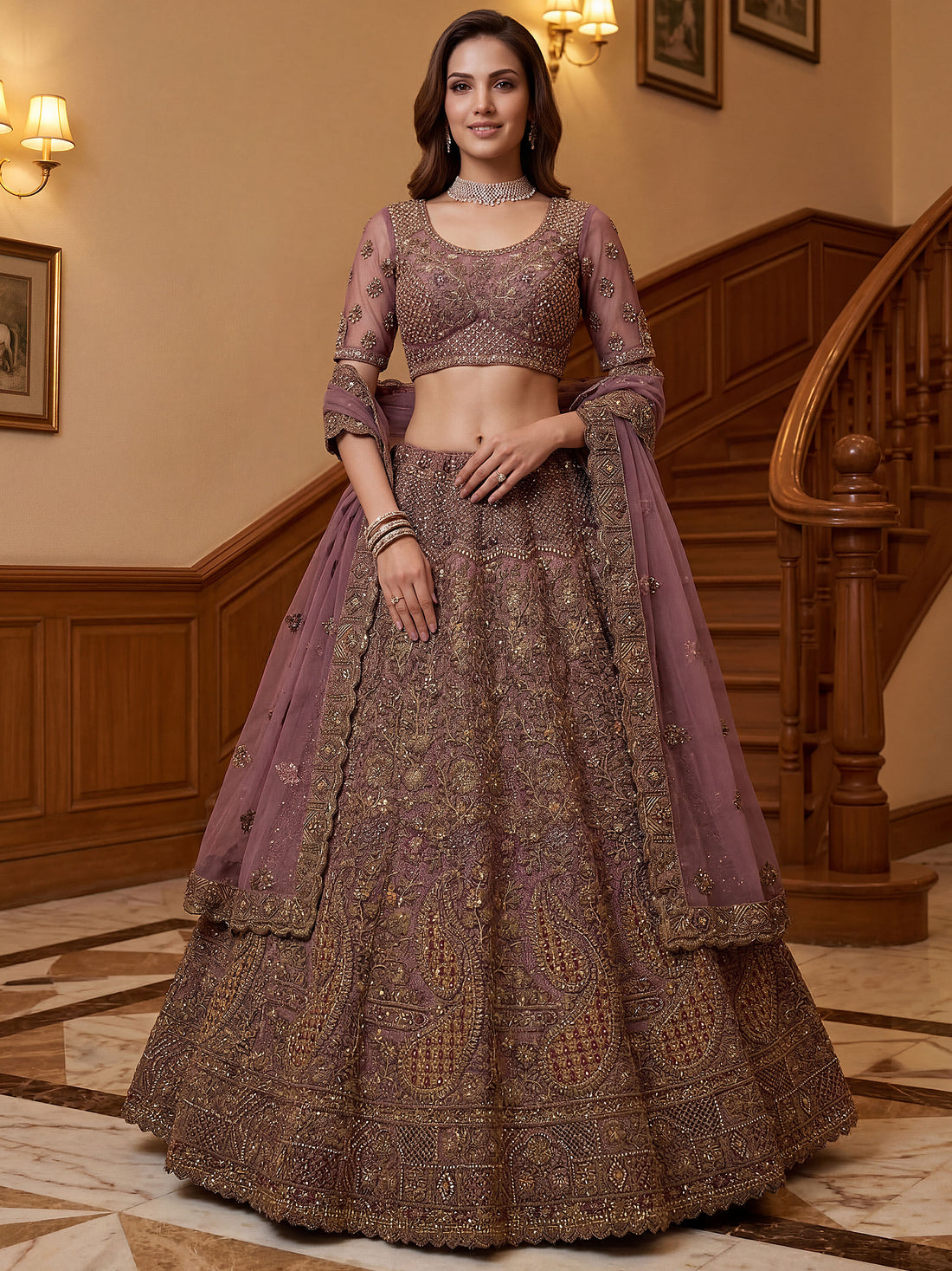 Fantastic Mauve Zari Embroidered  Net Bridesmaid Lehenga Choli With Dupatta