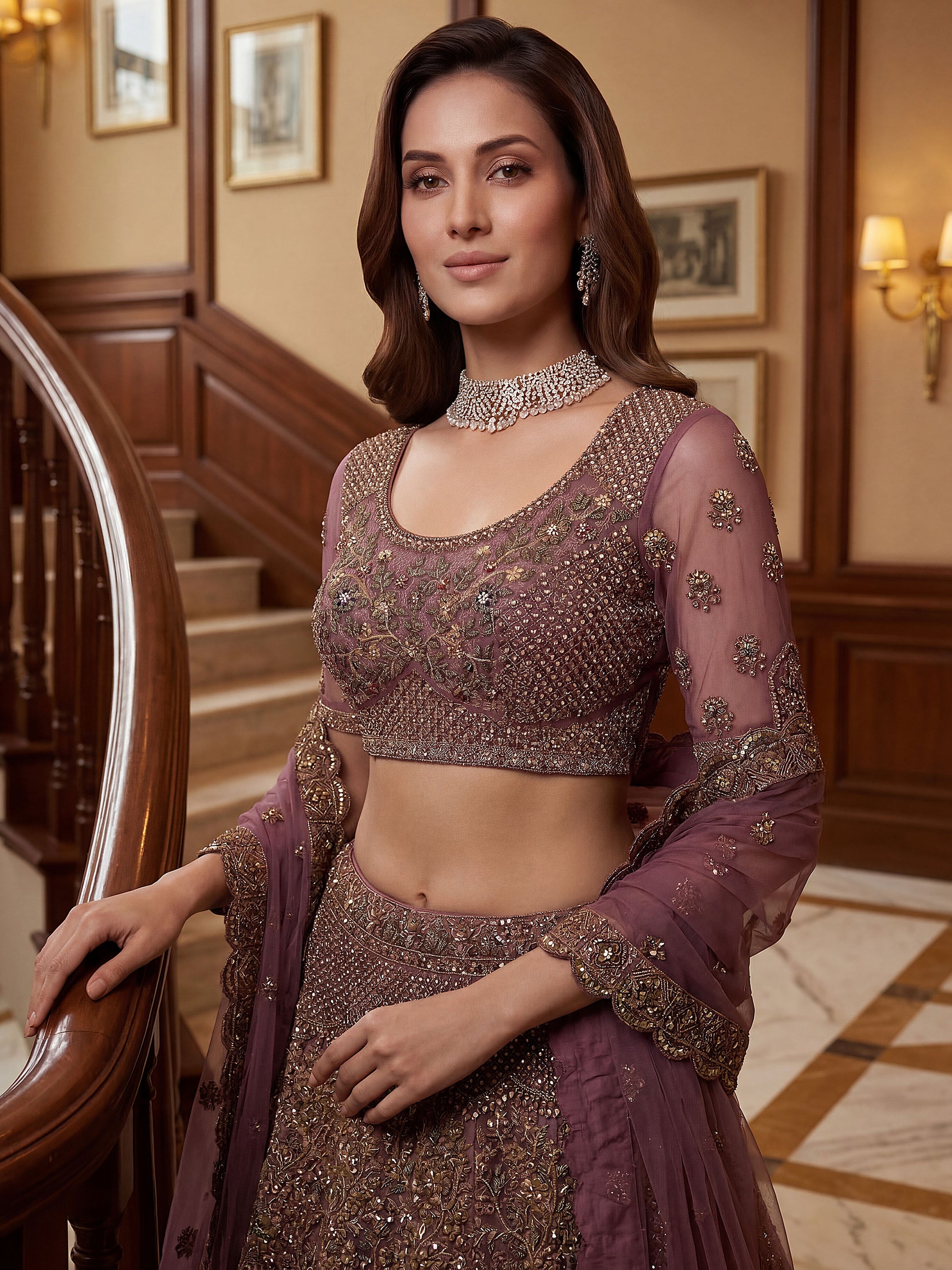 Fantastic Mauve Zari Embroidered  Net Bridesmaid Lehenga Choli With Dupatta