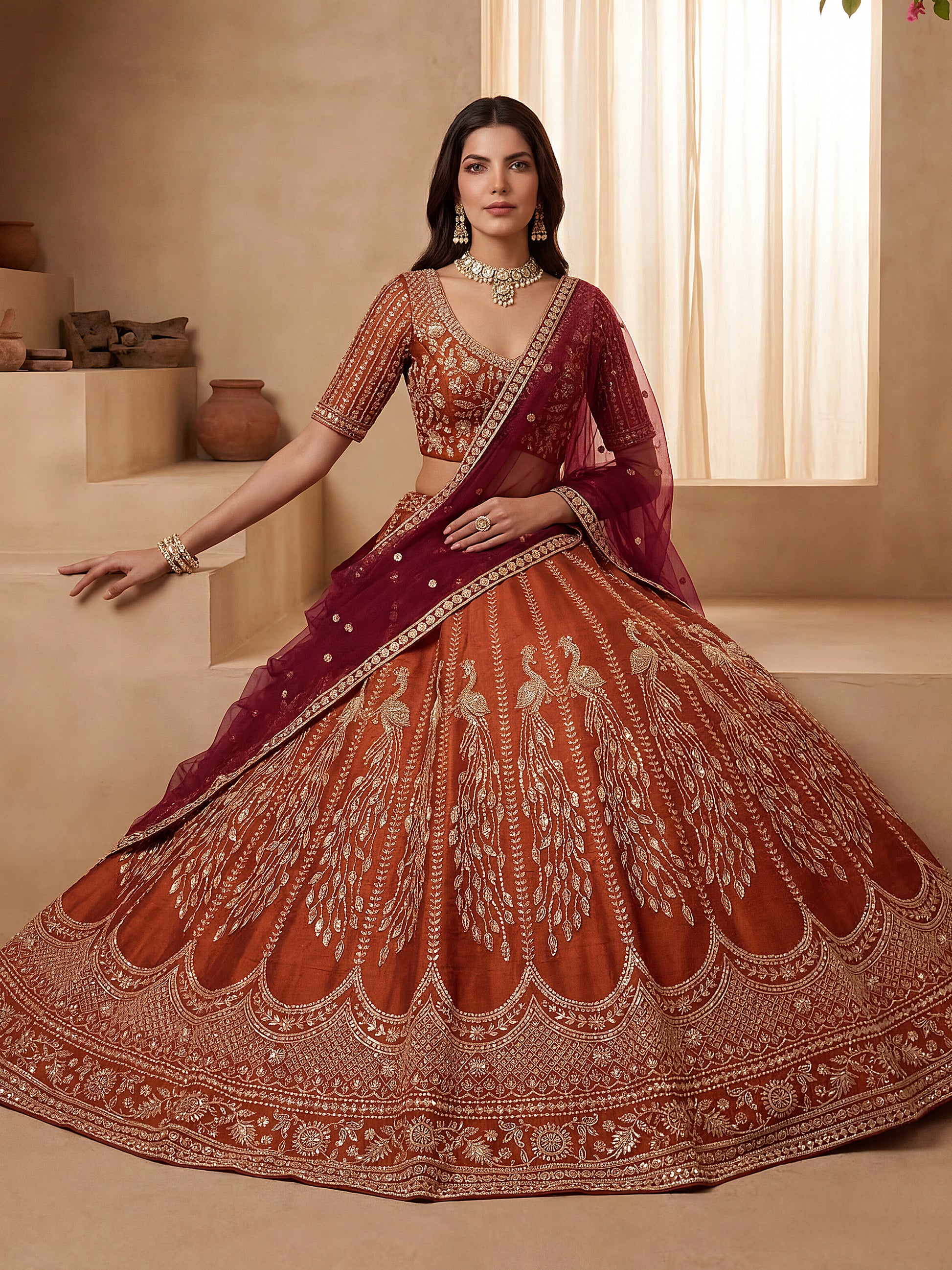 Graceful Orange Dori Embroidered Silk Bridal Lehenga Choli With Double Dupatta