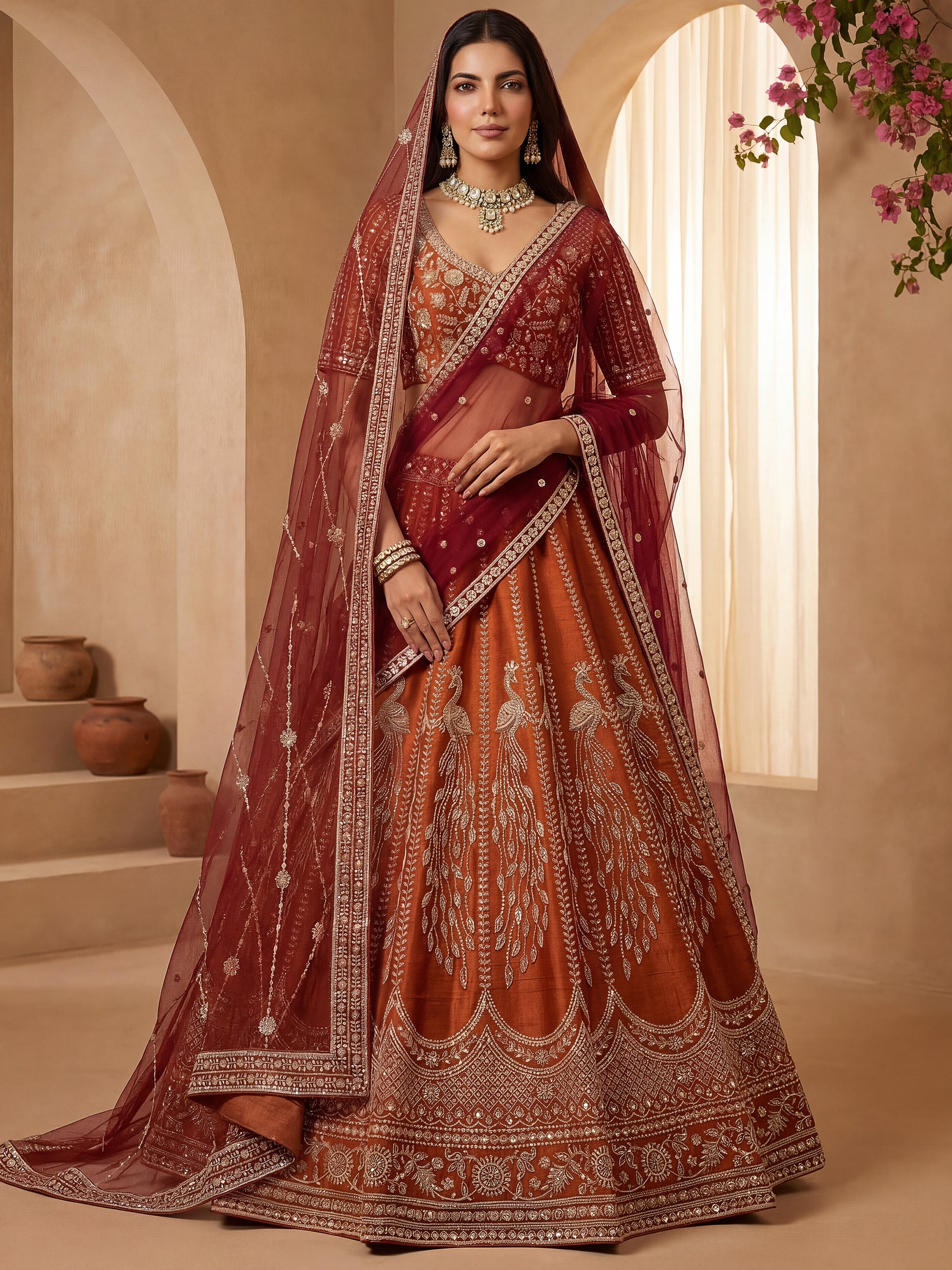 Graceful Orange Dori Embroidered Silk Bridal Lehenga Choli With Double Dupatta