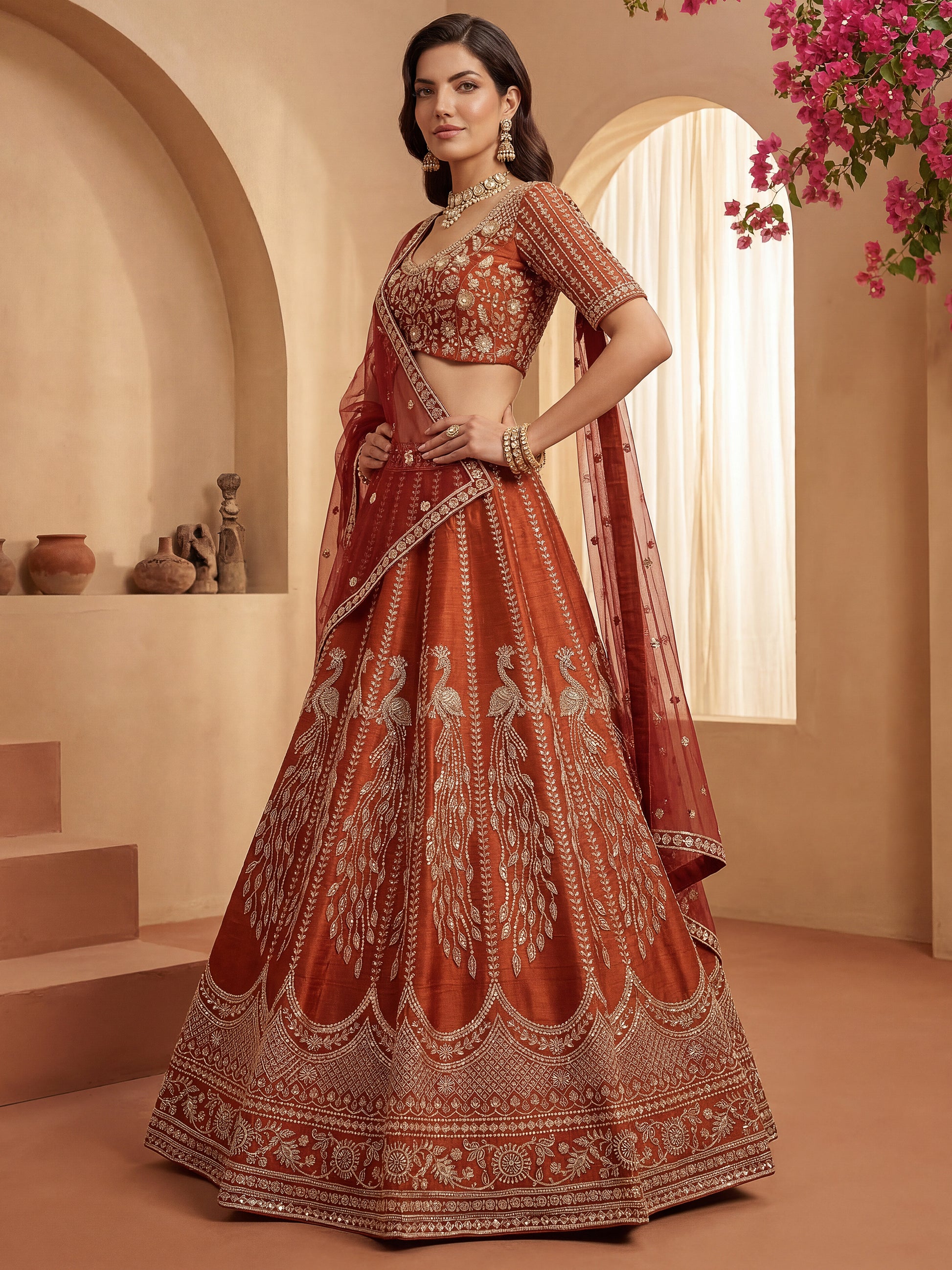 Graceful Orange Dori Embroidered Silk Bridal Lehenga Choli With Double Dupatta