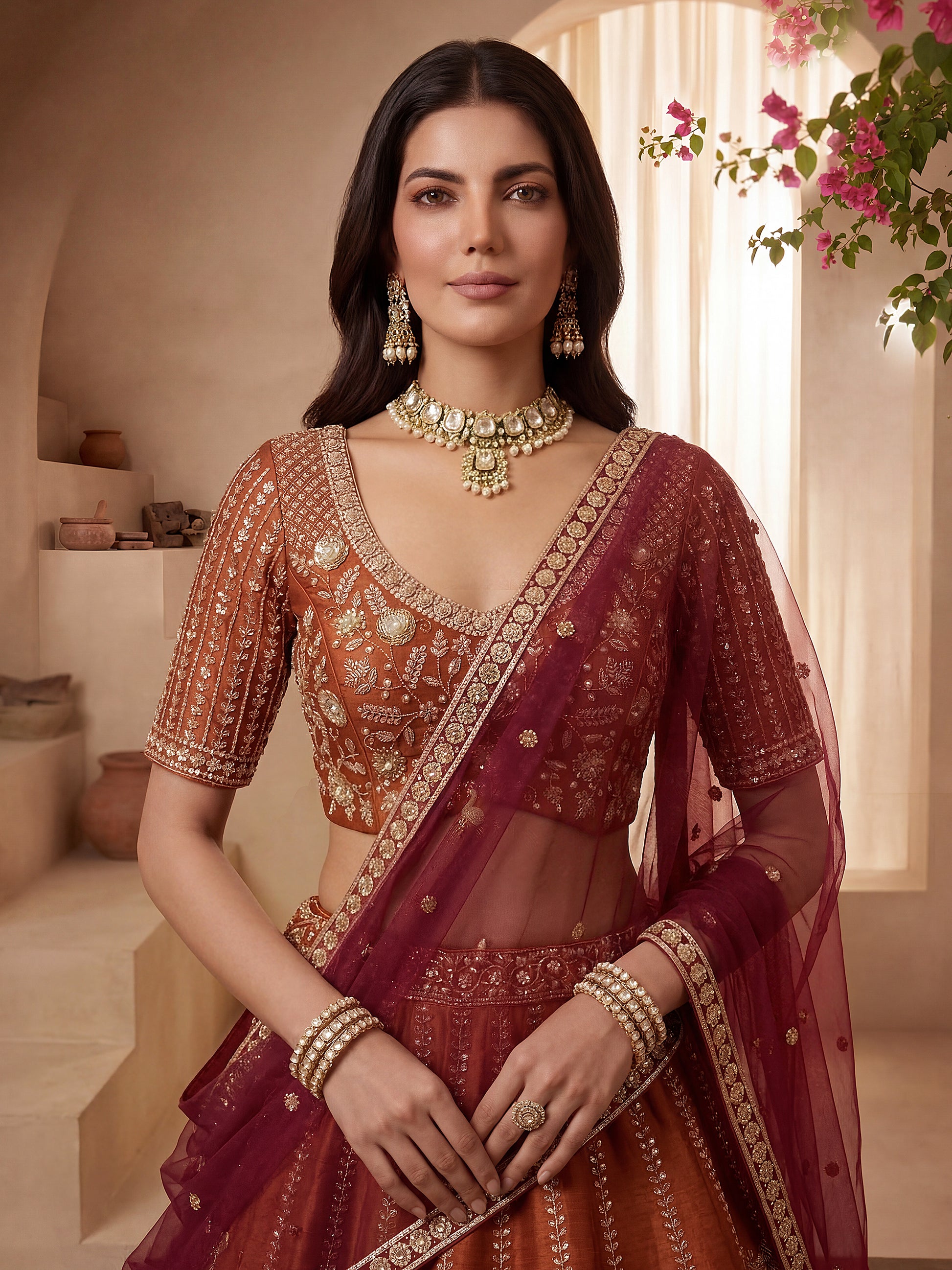 Graceful Orange Dori Embroidered Silk Bridal Lehenga Choli With Double Dupatta