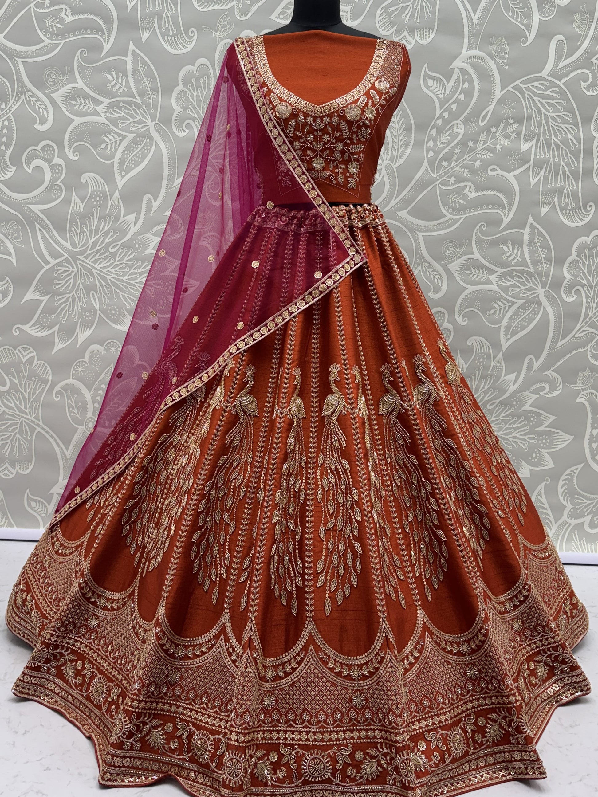 Graceful Orange Dori Embroidered Silk Bridal Lehenga Choli With Double Dupatta
