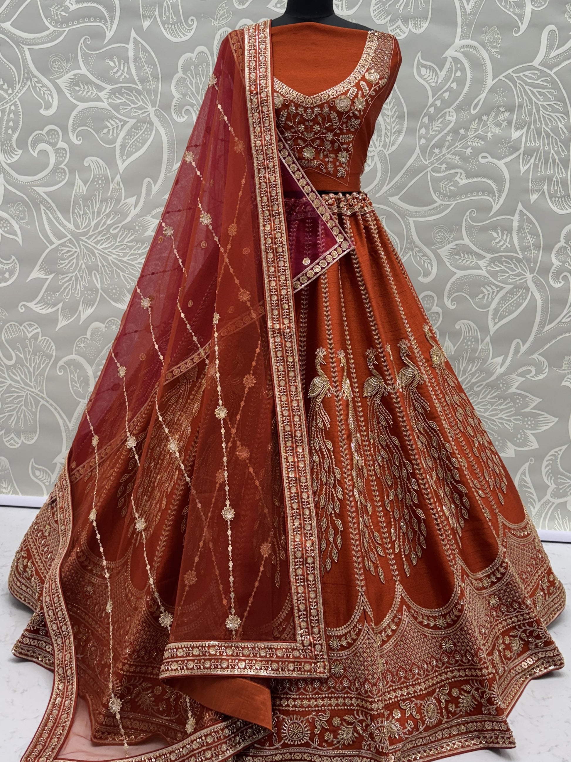 Graceful Orange Dori Embroidered Silk Bridal Lehenga Choli With Double Dupatta