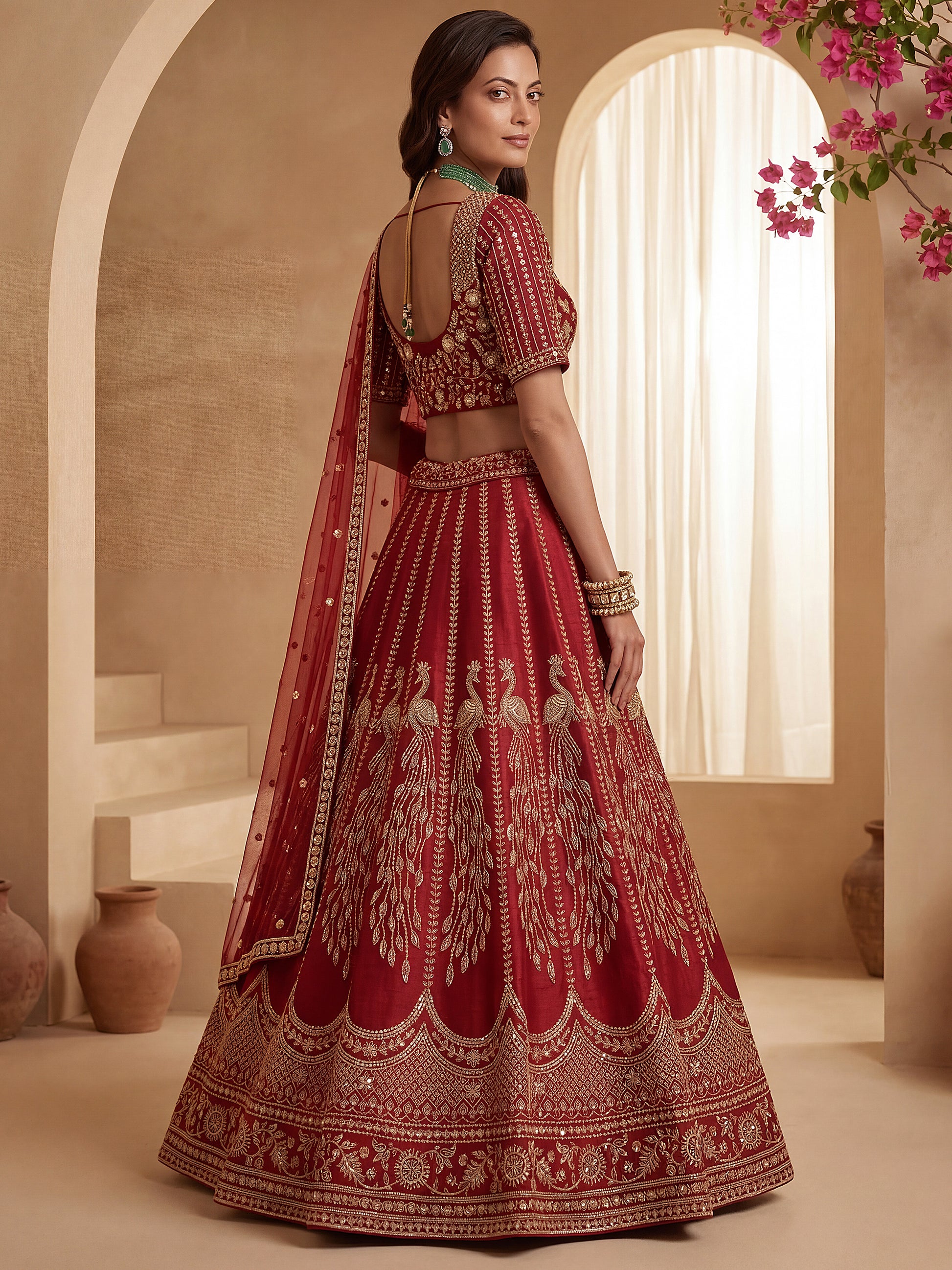 Sparkling Red Sequins Silk Bridal Lehenga Choli With Double Dupatta