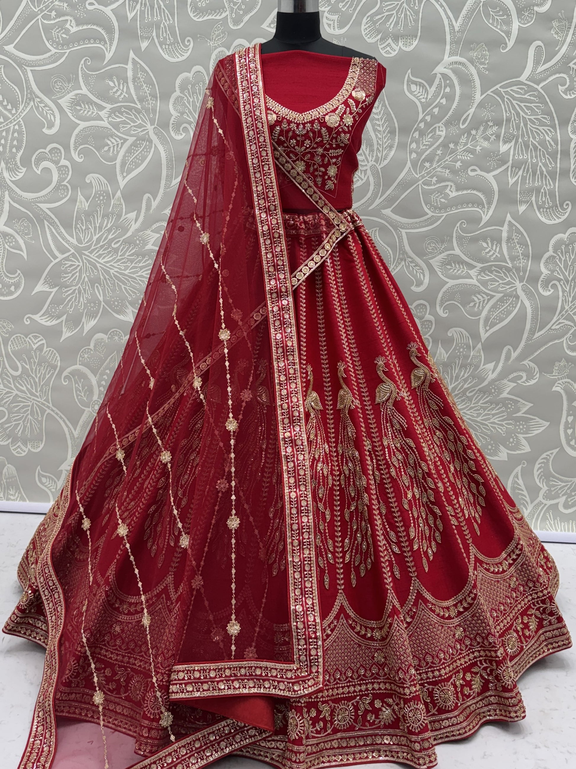 Sparkling Red Sequins Silk Bridal Lehenga Choli With Double Dupatta