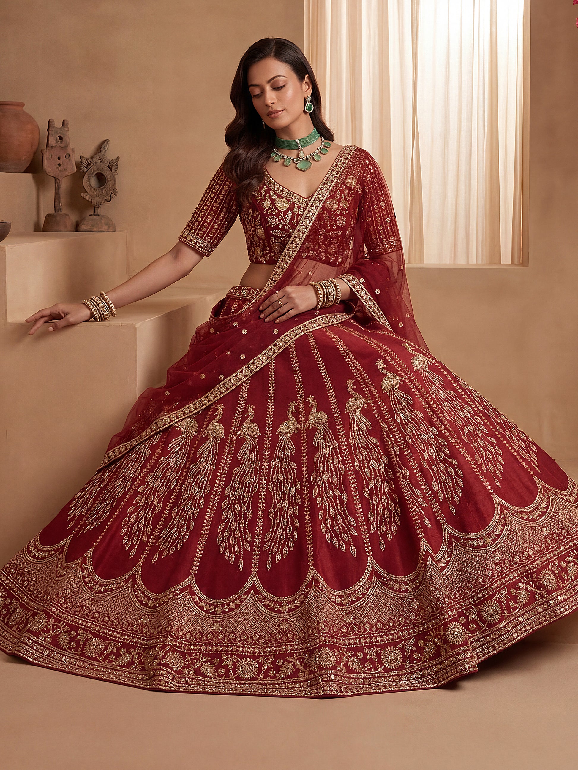 Sparkling Red Sequins Silk Bridal Lehenga Choli With Double Dupatta
