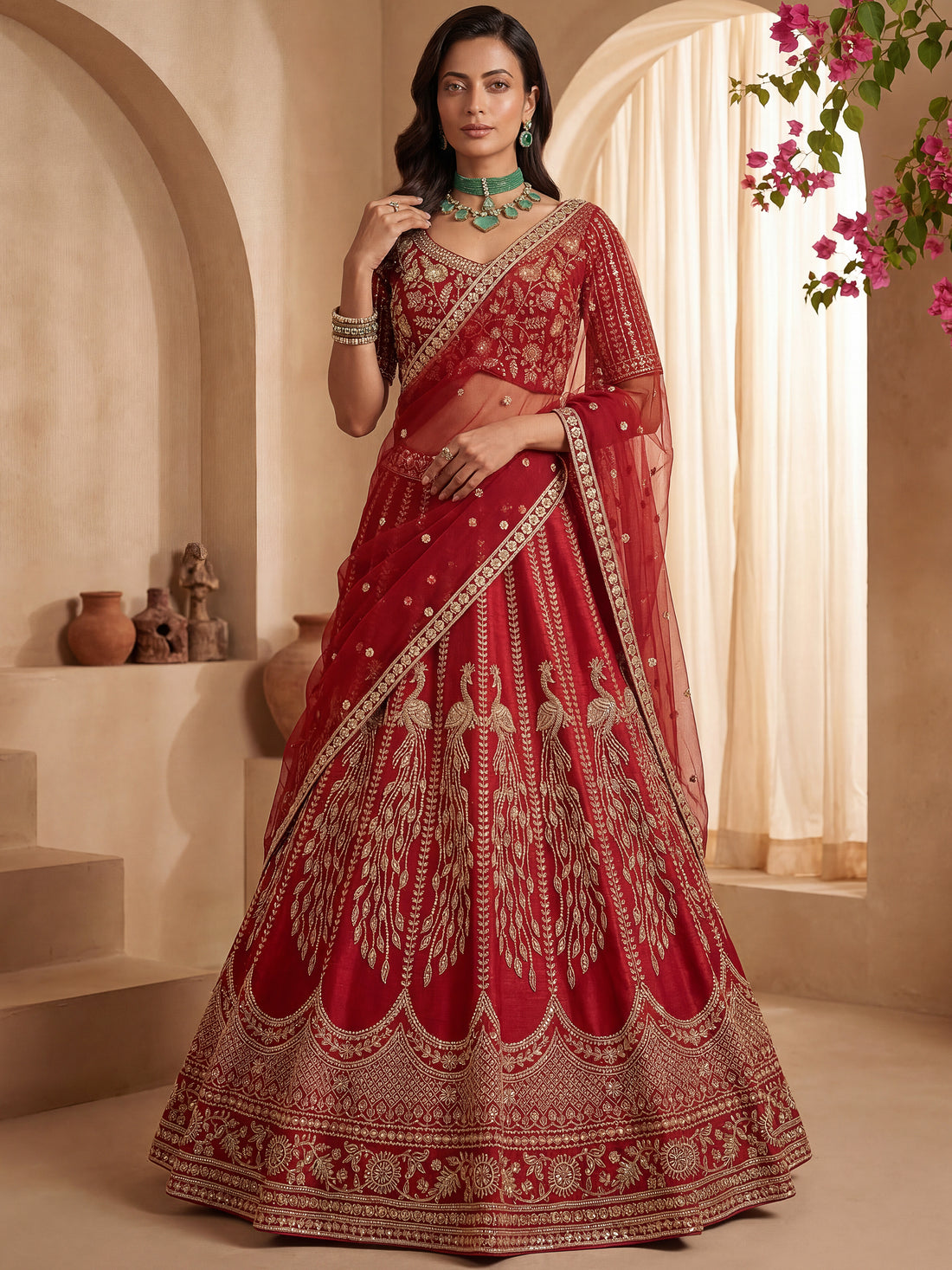 Sparkling Red Sequins Silk Bridal Lehenga Choli With Double Dupatta