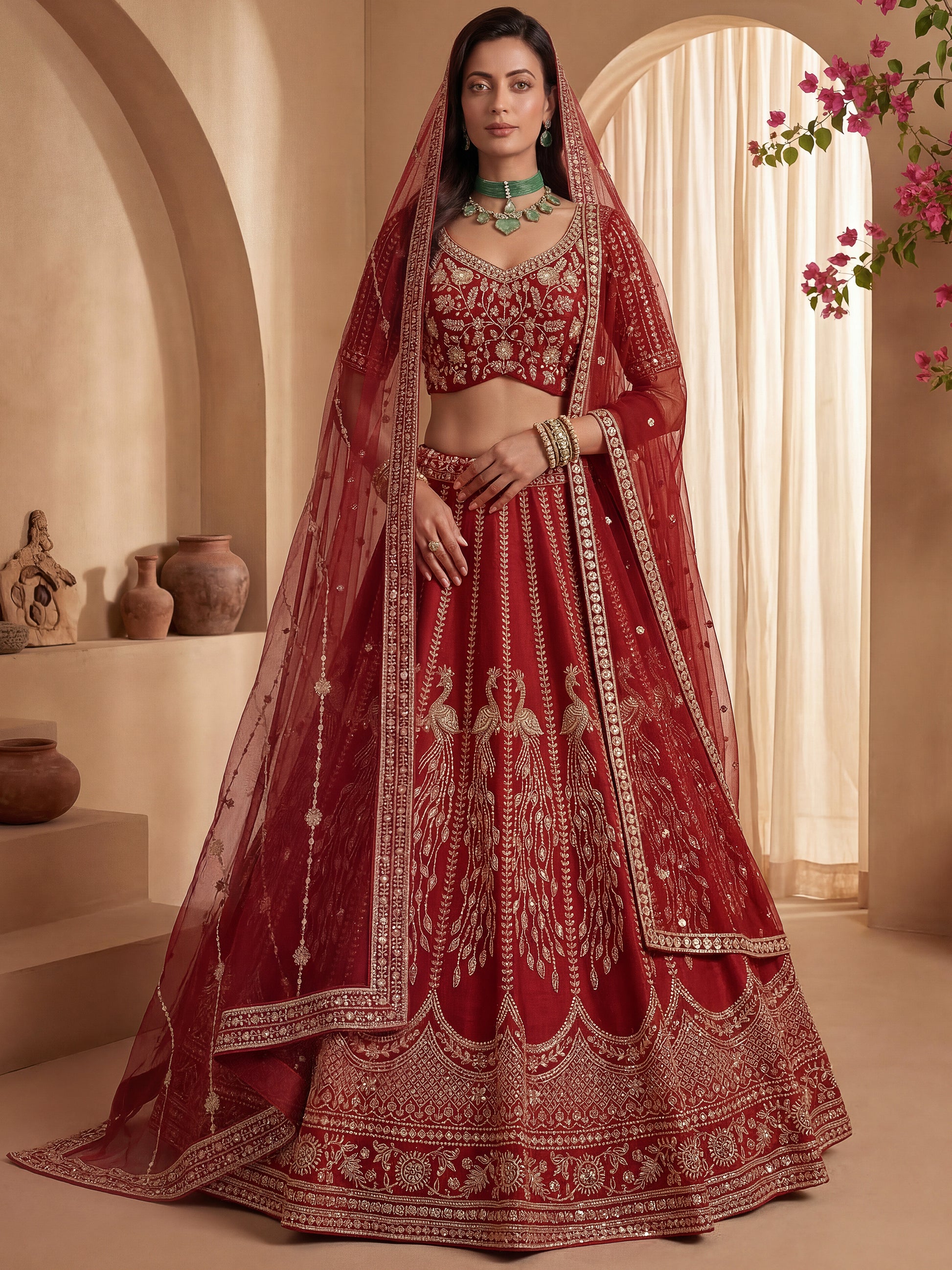 Sparkling Red Sequins Silk Bridal Lehenga Choli With Double Dupatta