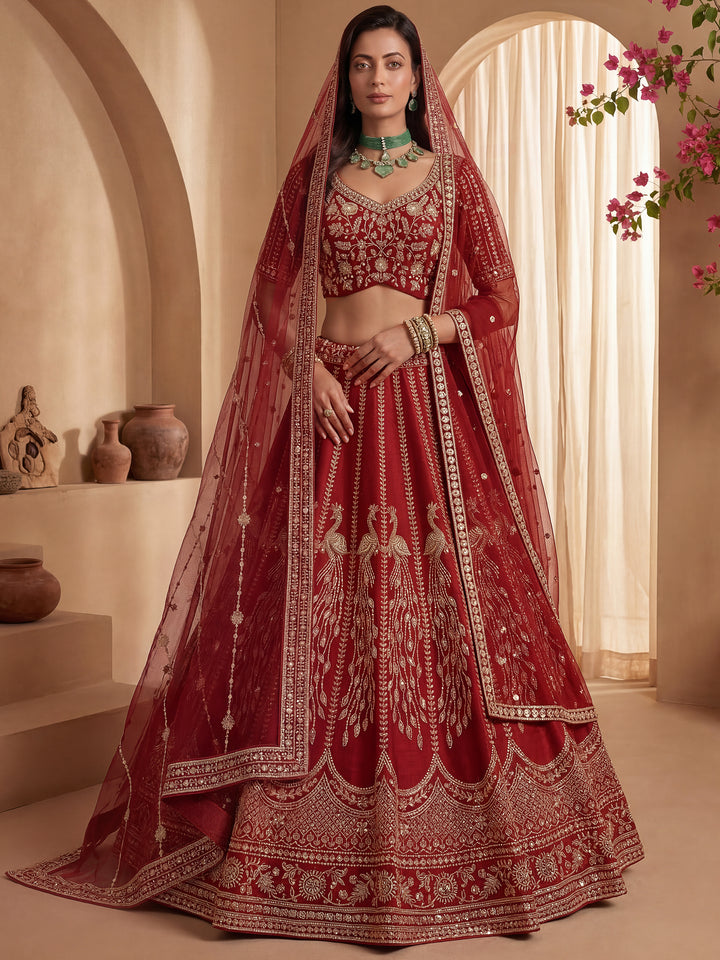 Sparkling Red Sequins Silk Bridal Lehenga Choli With Double Dupatta
