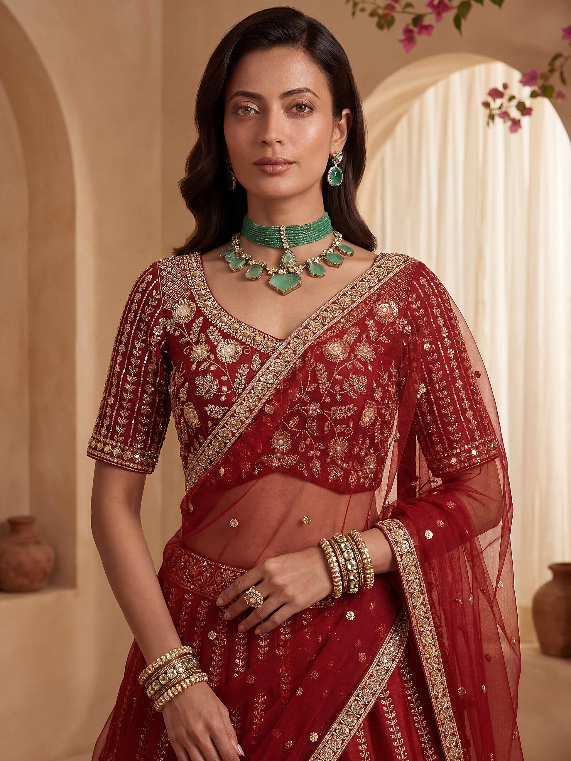 Sparkling Red Sequins Silk Bridal Lehenga Choli With Double Dupatta