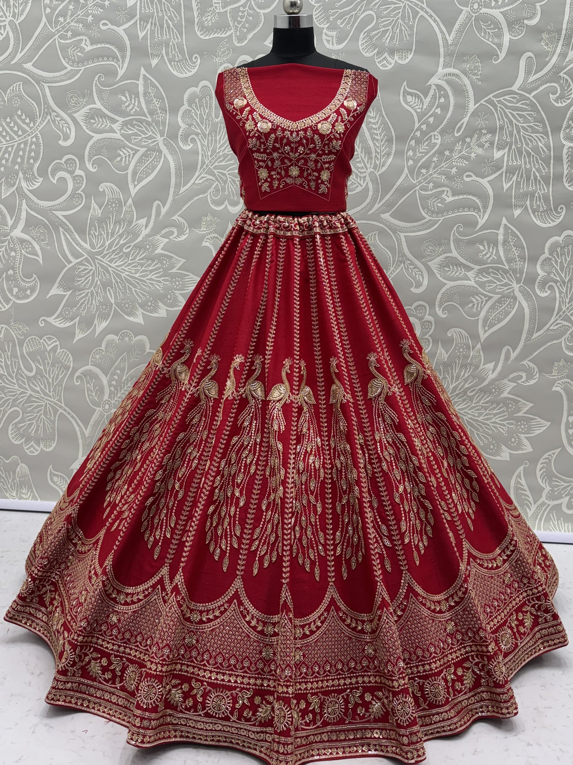 Sparkling Red Sequins Silk Bridal Lehenga Choli With Double Dupatta