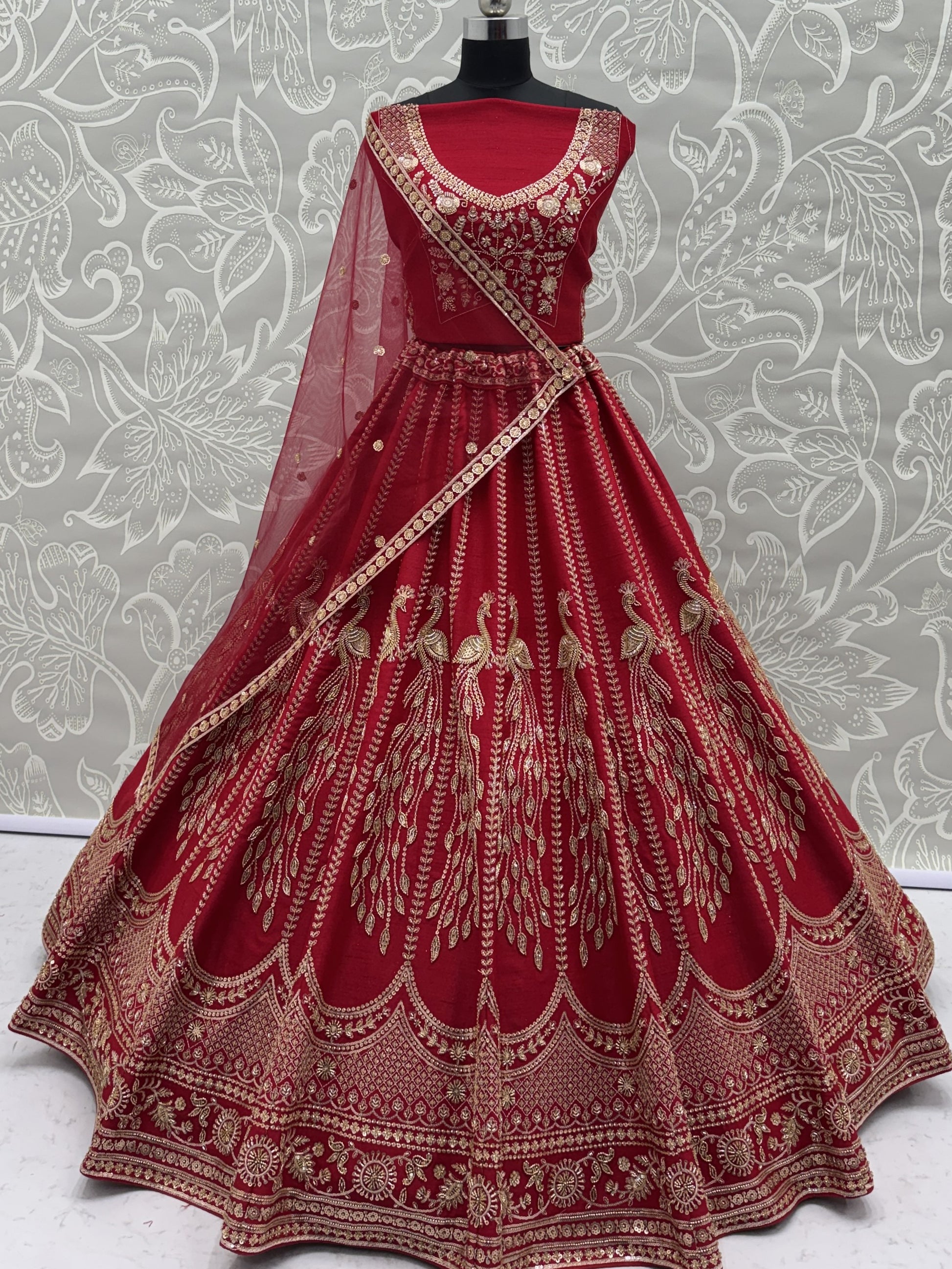 Sparkling Red Sequins Silk Bridal Lehenga Choli With Double Dupatta