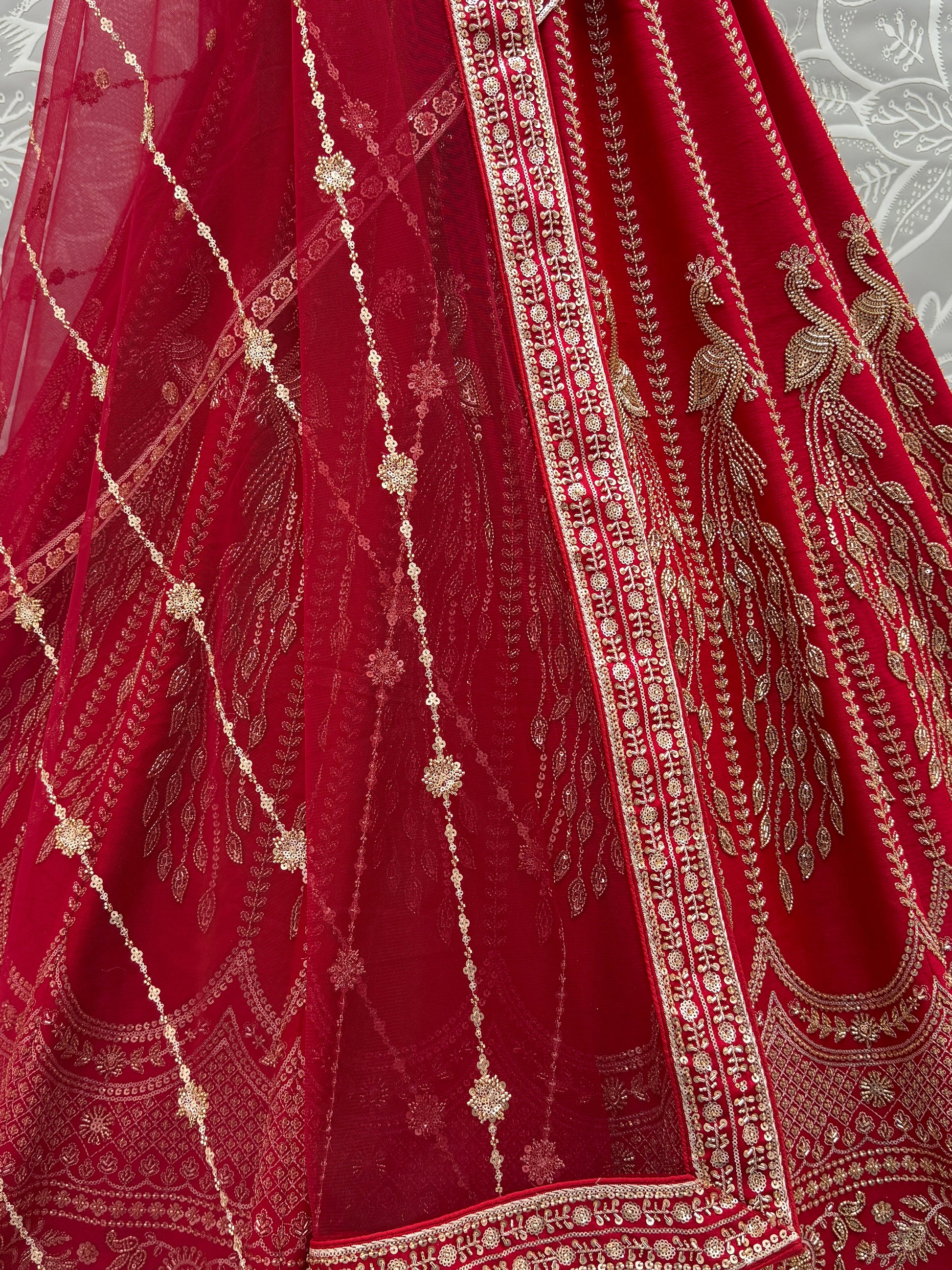 Sparkling Red Sequins Silk Bridal Lehenga Choli With Double Dupatta