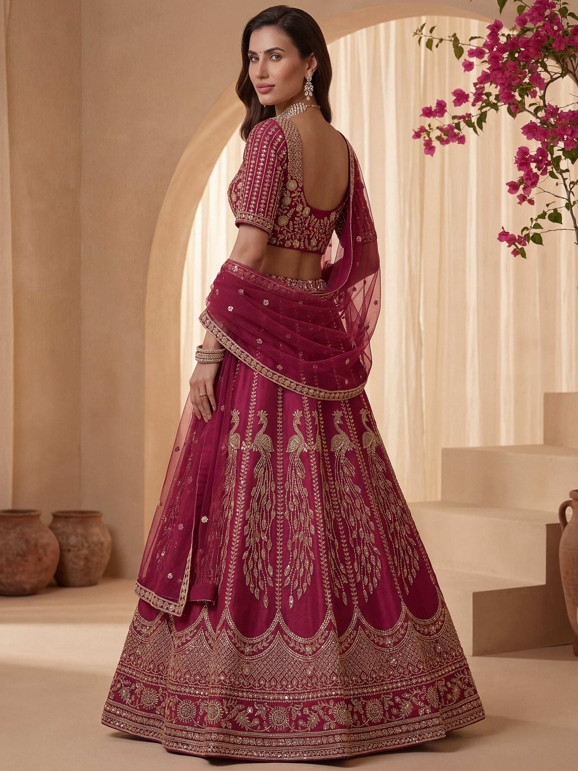 Rich Pink Thread Embroidered Silk Bridal Lehenga Choli With Double Dupatta