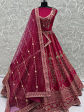 Rich Pink Thread Embroidered Silk Bridal Lehenga Choli With Double Dupatta