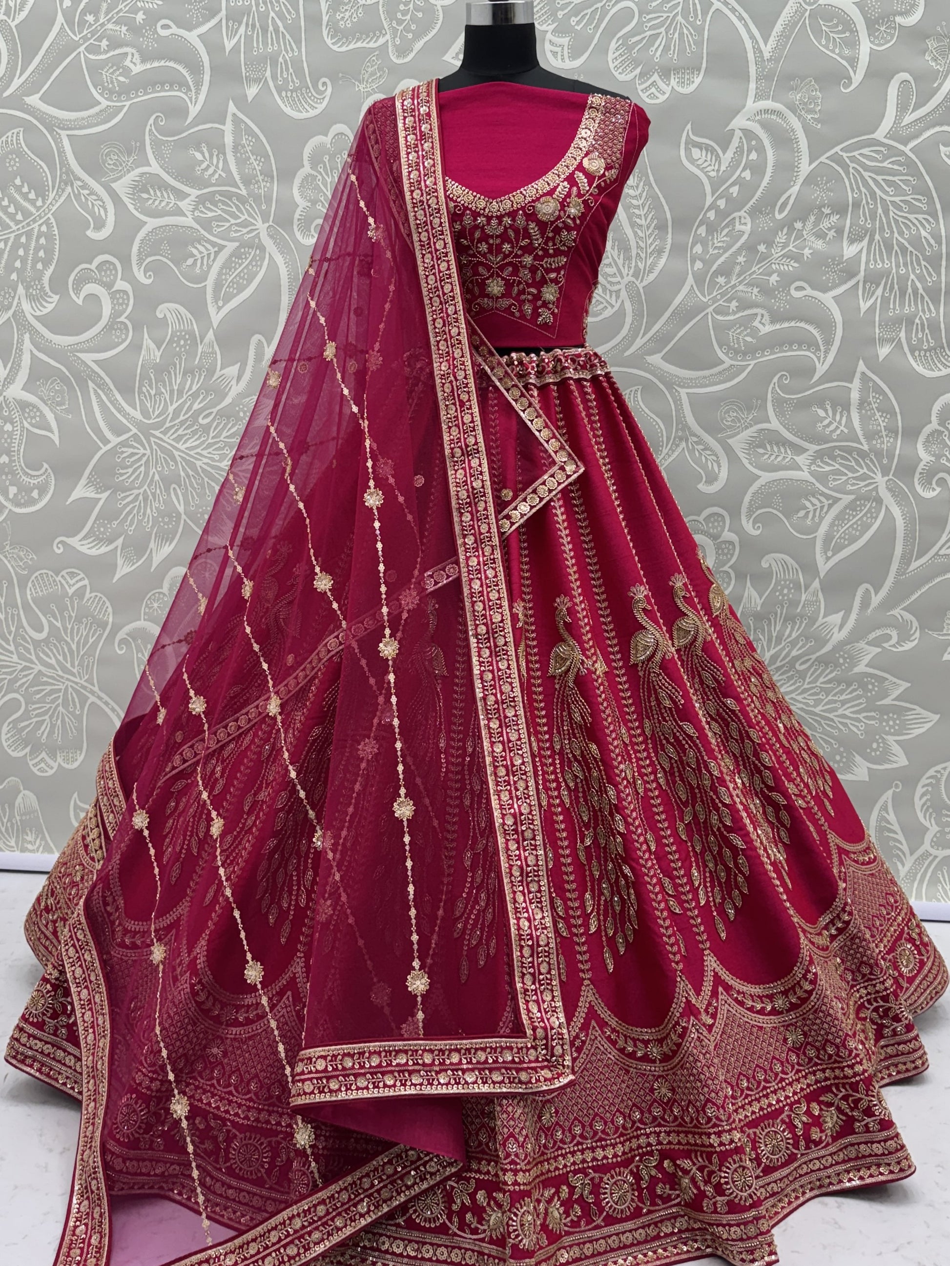 Rich Pink Thread Embroidered Silk Bridal Lehenga Choli With Double Dupatta