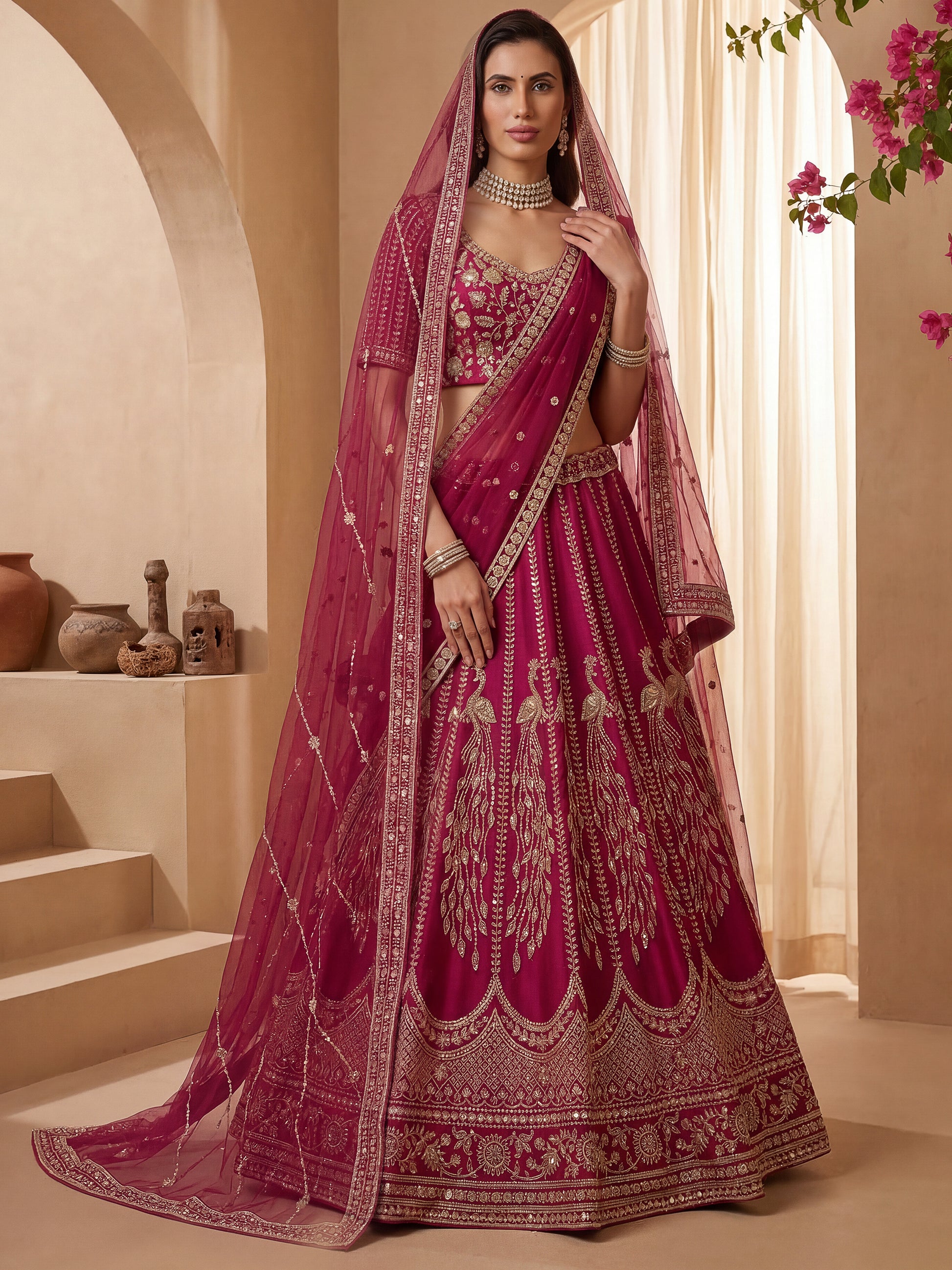 Rich Pink Thread Embroidered Silk Bridal Lehenga Choli With Double Dupatta