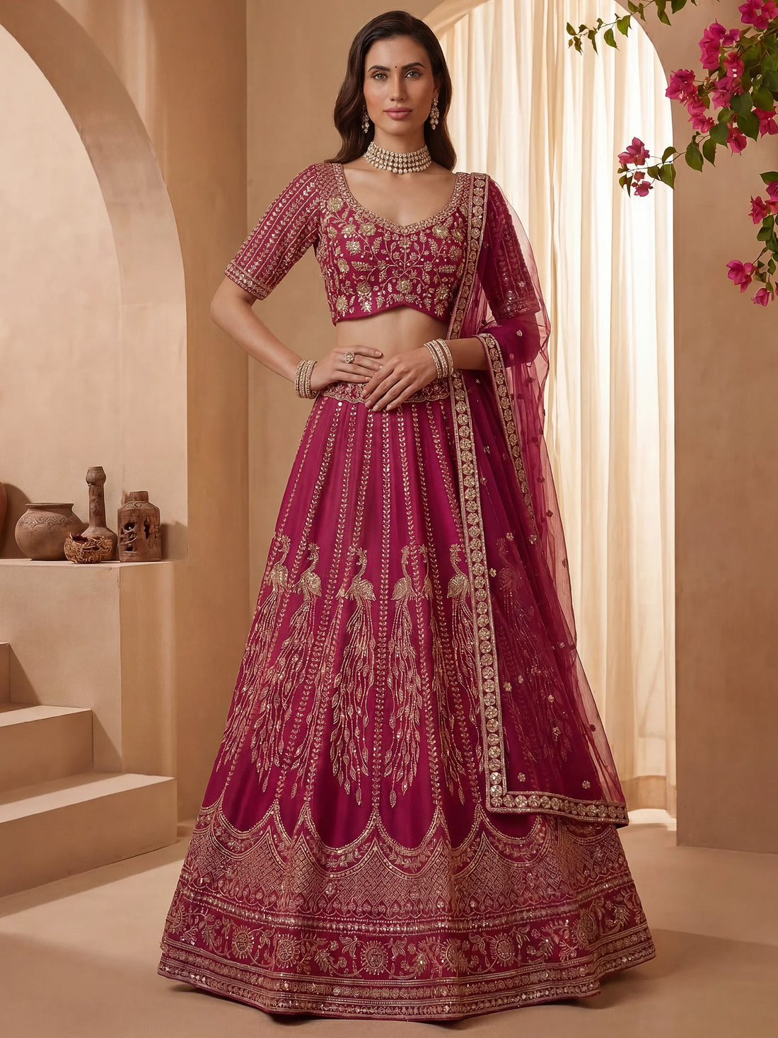 Rich Pink Thread Embroidered Silk Bridal Lehenga Choli With Double Dupatta