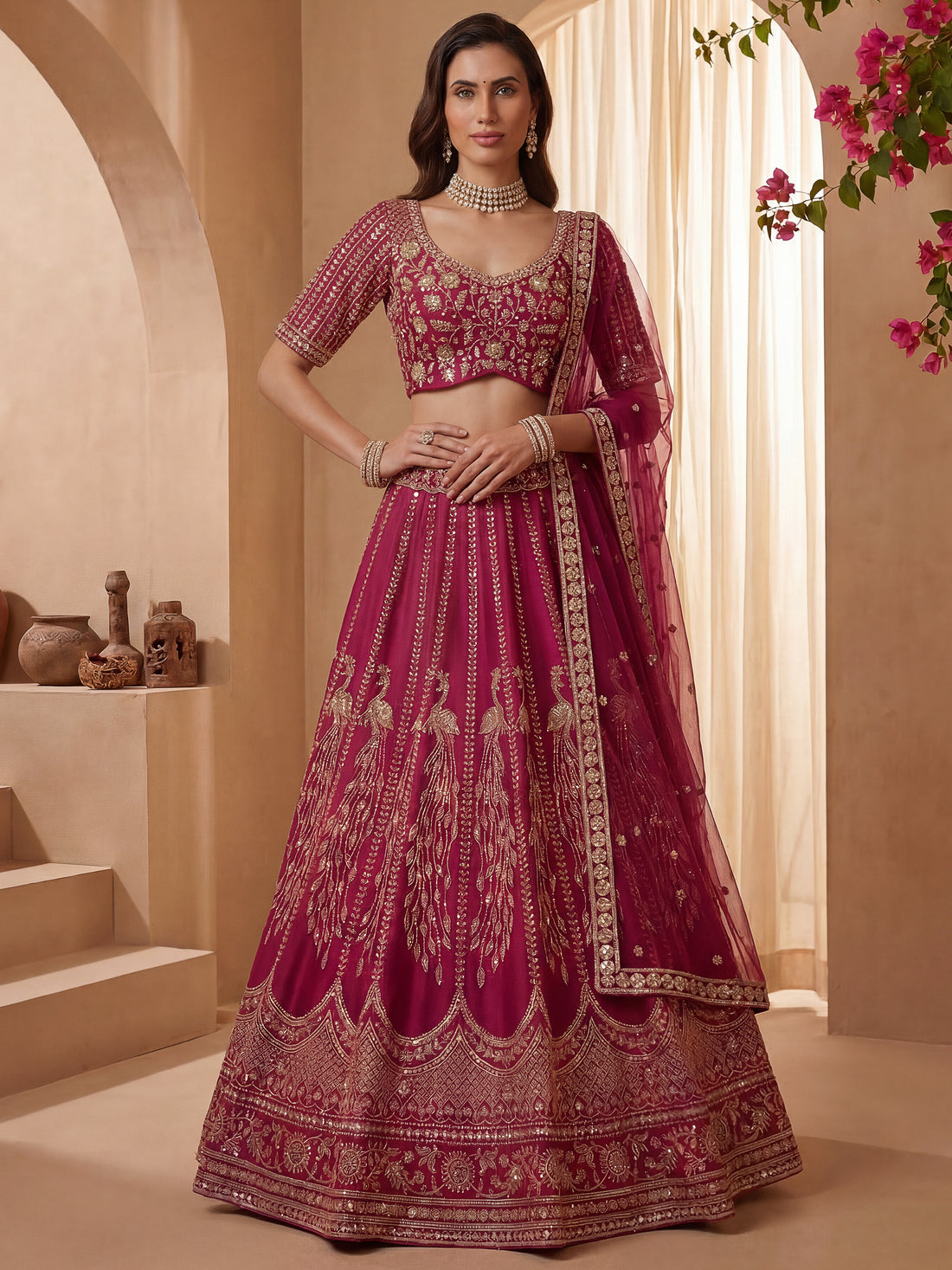 Rich Pink Thread Embroidered Silk Bridal Lehenga Choli With Double Dupatta