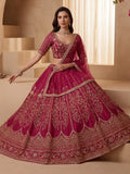 Rich Pink Thread Embroidered Silk Bridal Lehenga Choli With Double Dupatta