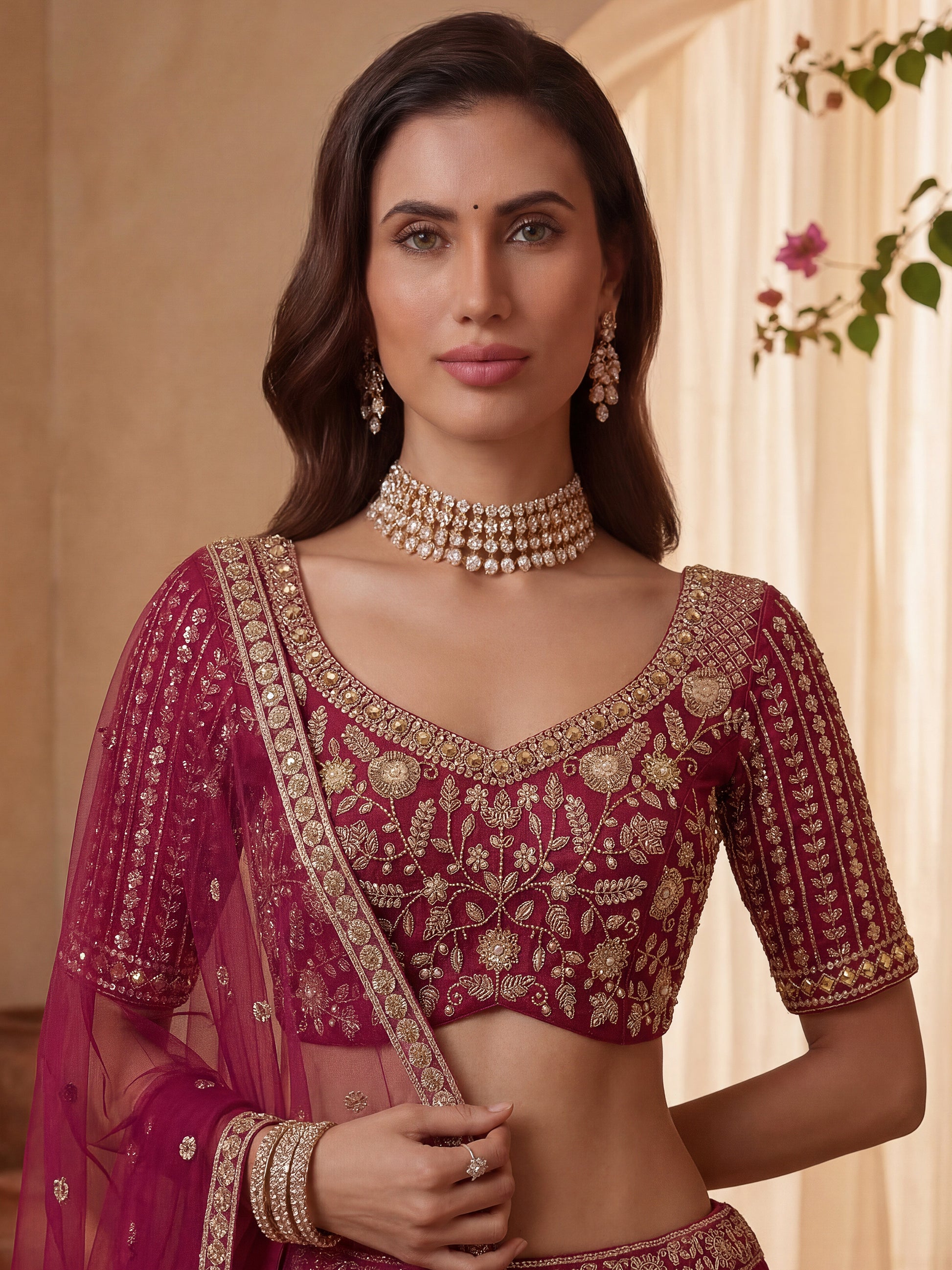 Rich Pink Thread Embroidered Silk Bridal Lehenga Choli With Double Dupatta